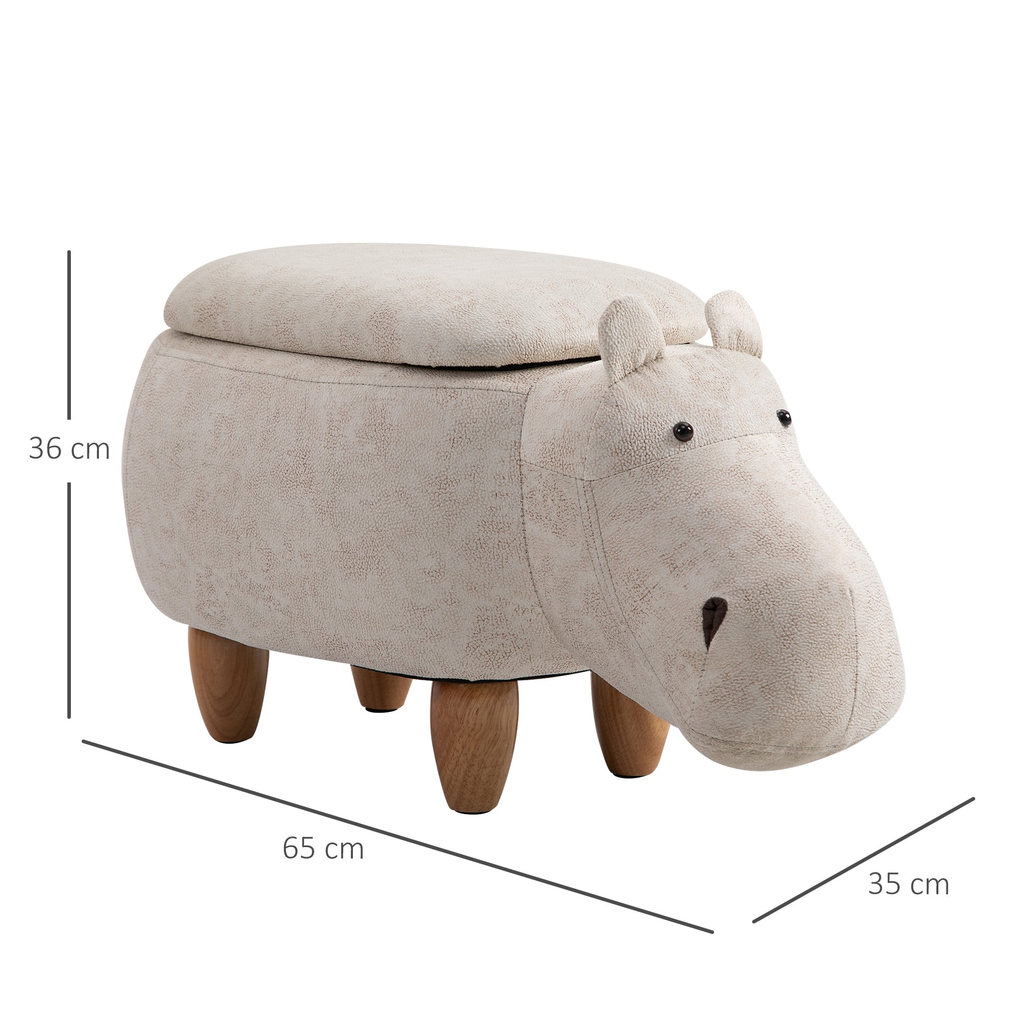 HOMCOM Hippo Storage Stool Cute Decoration Footrest Wood Frame Legs with Padding Lid Ottoman Animal Furniture Cream 36 x 65cm - North Peak Garden Furniture