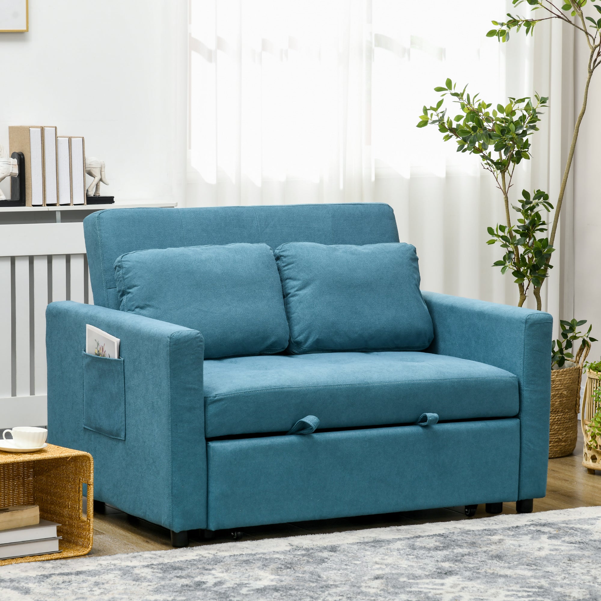 HOMCOM Loveseat Sofa Bed, Convertible Bed Settee with 2 Cushions, Side Pockets for Living Room, Blue - North Peak Garden Furniture