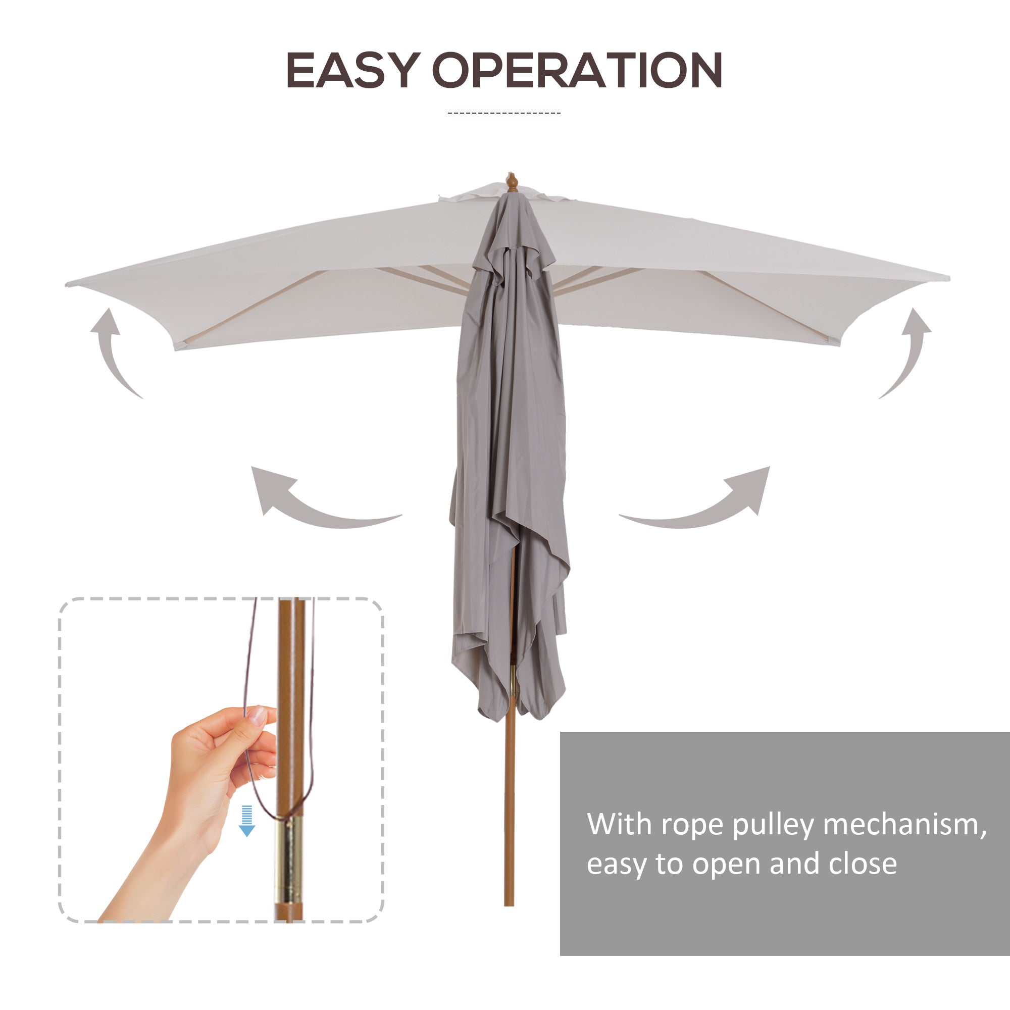 Outsunny 2 x 3m Wooden Garden Parasol Umbrella Outdoor Sun Shade Canopy, Light Grey - North Peak Garden Furniture