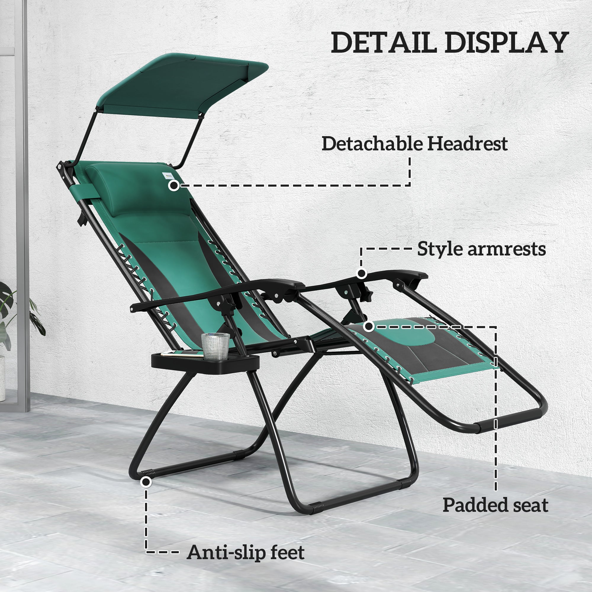 Outsunny Zero Gravity Lounger Chair Set of 2, Folding Reclining Patio Chair with Shade Cover, Padded Seat, Cup Holder, Soft Cushion and Headrest for Poolside, Camping, Green - North Peak Garden Furniture