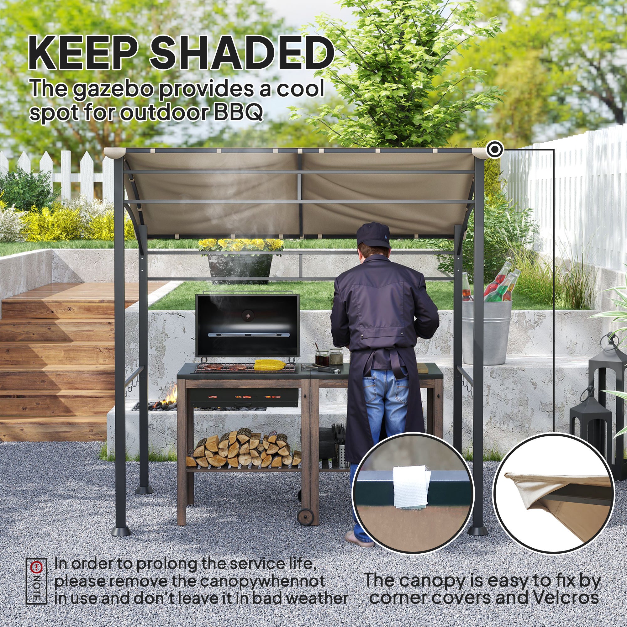 Outsunny 2.2 x 1.5 m BBQ Grill Gazebo Tent, Garden Grill with Metal Frame, Curved Canopy and 10 Hooks, Outdoor Sun Shade, Khaki - North Peak Garden Furniture
