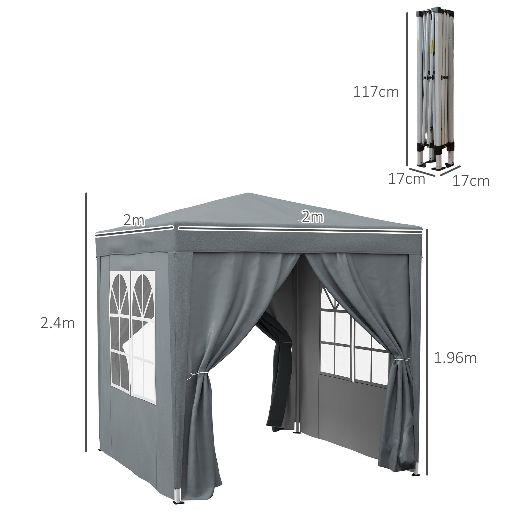 Outsunny Garden Pop Up Gazebo Marquee Party Tent Canopy with free Carrying Case, Removable 2 Walls, 2 Windows, 2m x 2m, Grey - North Peak Garden Furniture