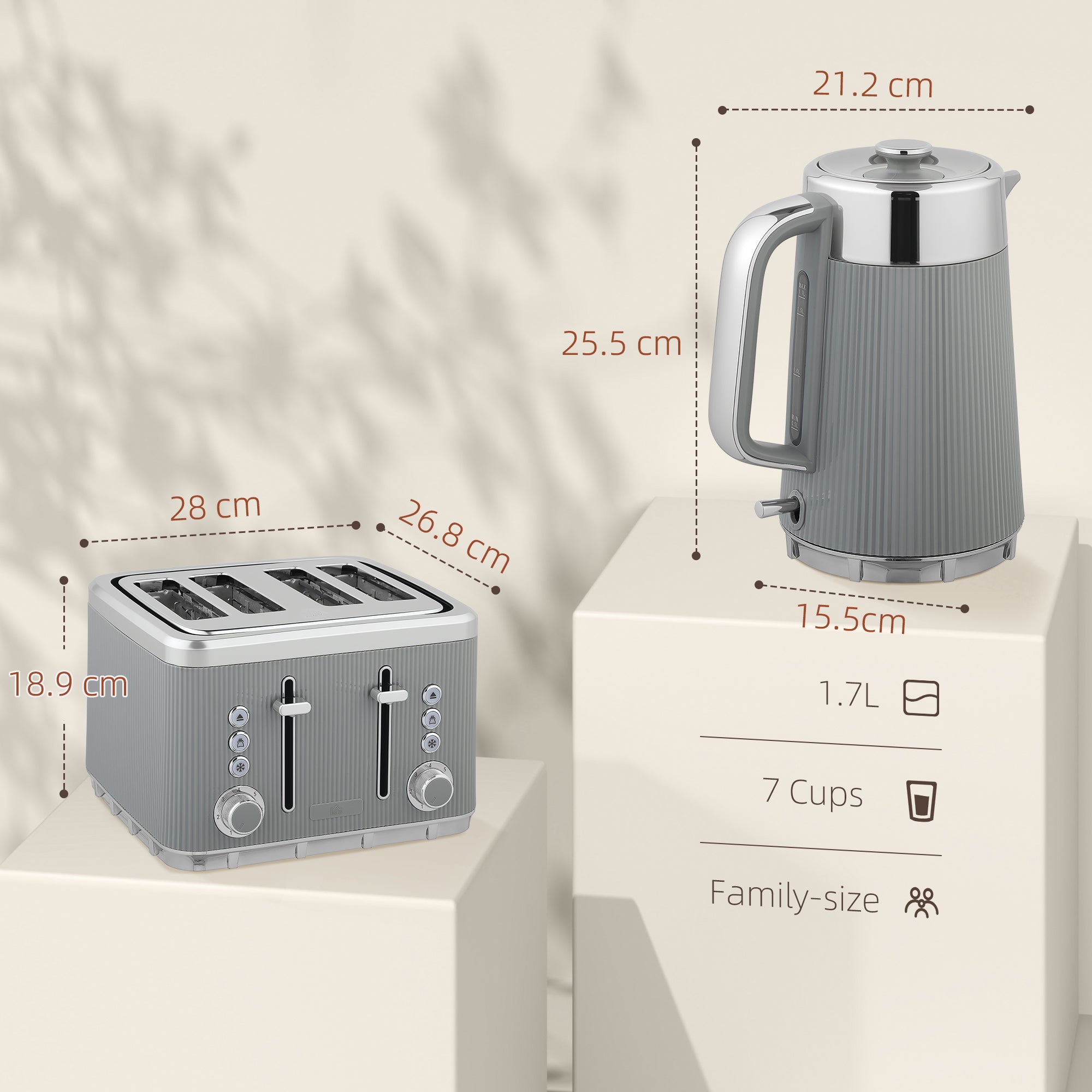 HOMCOM Electric Kettle and Toaster Set, 3000W 1.7L UK Strix Thermostat Rapid Boil Jug Kettle with Limescale Filter, Cool Touch Body, 4 Slice Toaster with 7 Browning Controls, Crumb Tray, Tan
