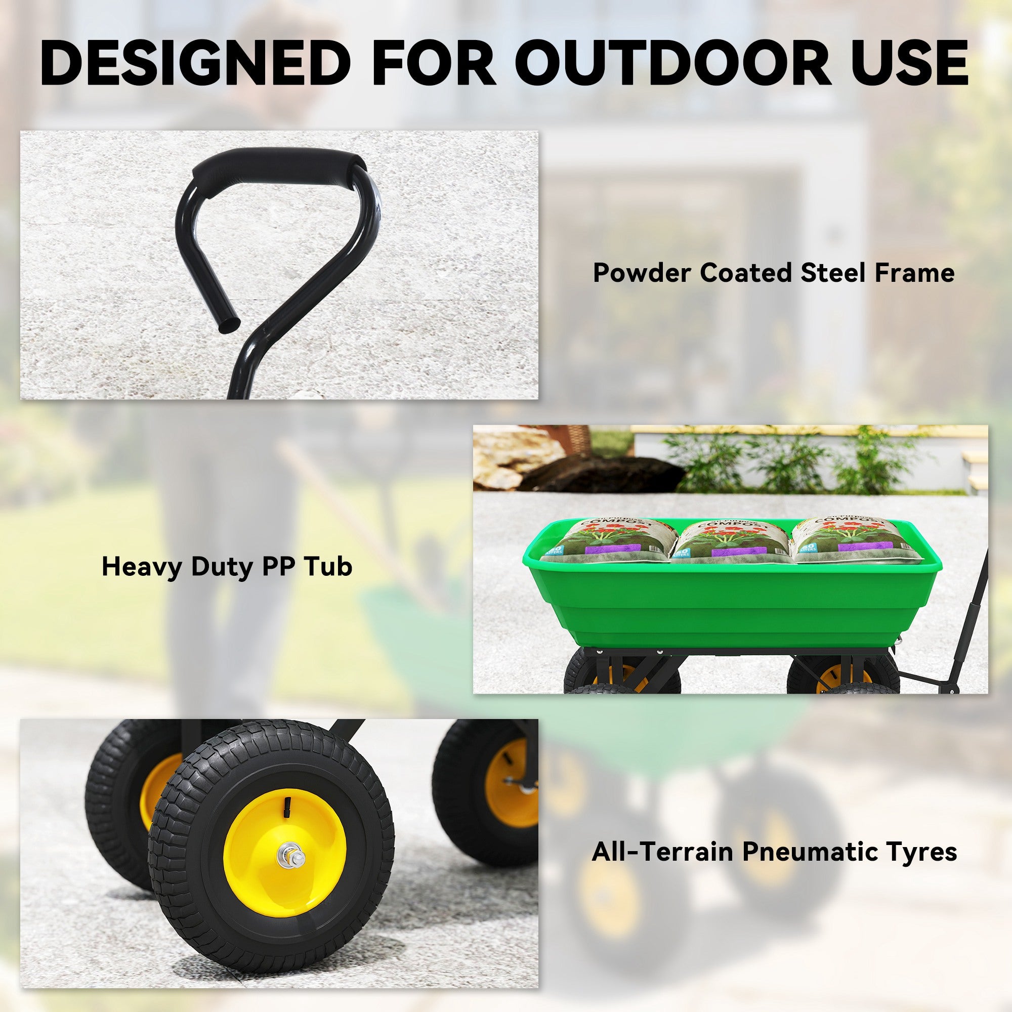 Outsunny 75 Litre Large Garden Cart Heavy Duty 4 Wheel Trolley Dump Wheelbarrow Tipping Truck Trailer - Green