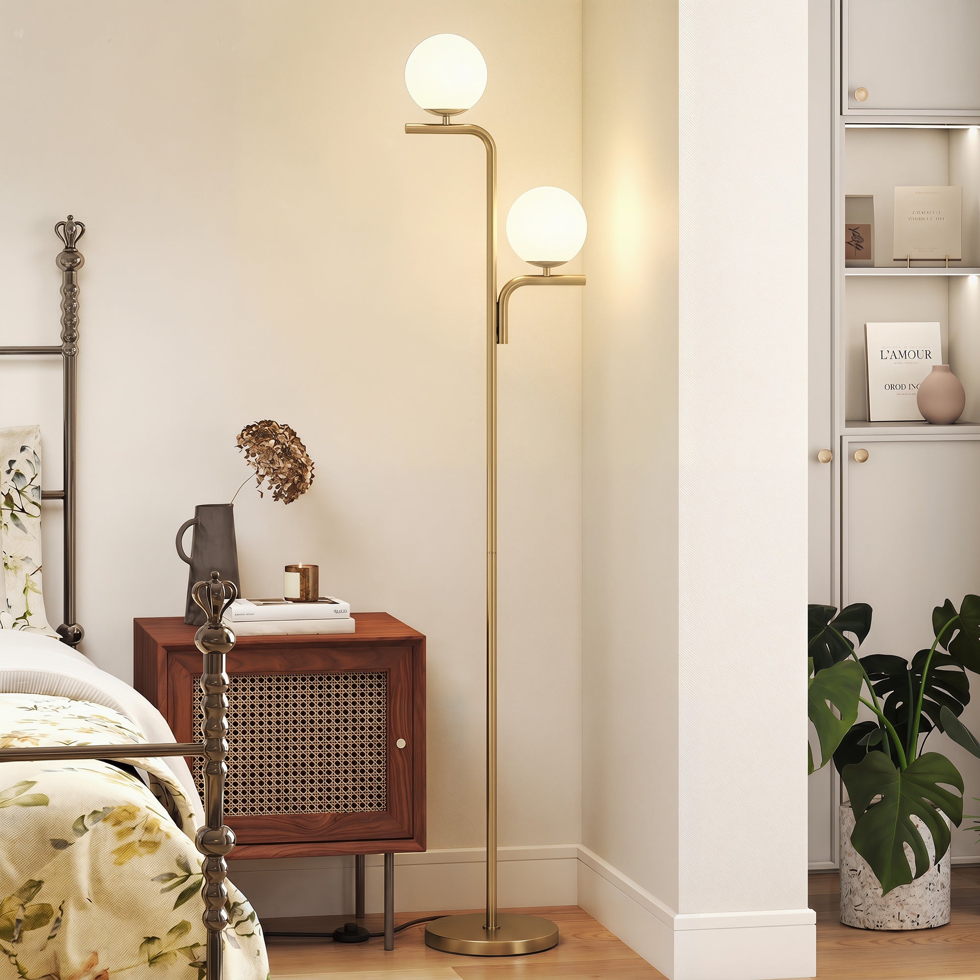 HOMCOM LED Floor Lamp, Modern Standing Lamp with 3 Colour Temperatures, Globe Glass Shades and Foot Switch, Gold Tone