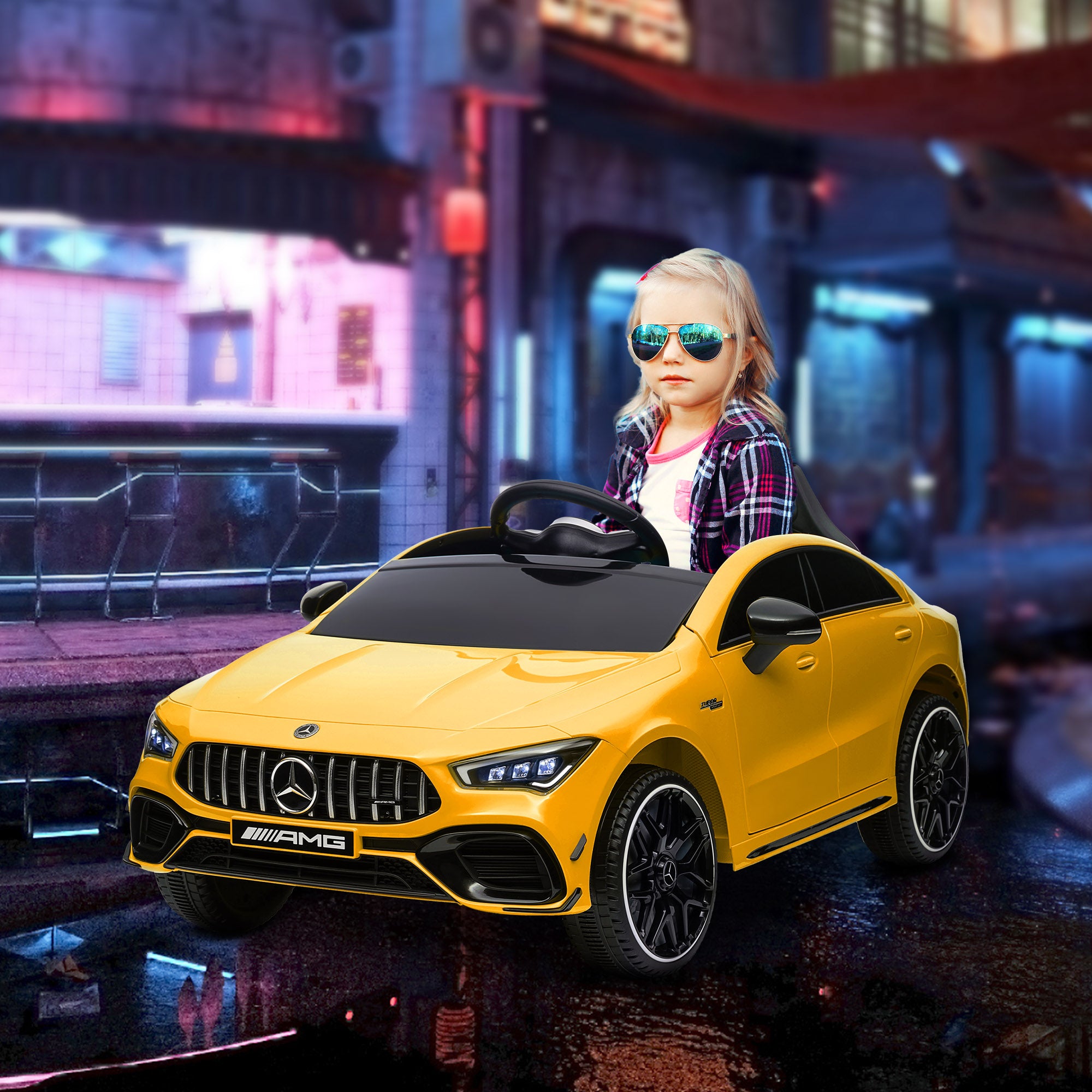 AIYAPLAY Mercedes-AMG CLA 45 Licensed 12V Kids Electric Car Ride on Car w/ Remote, Suspension Lights Music Horn - Yellow - North Peak Garden Furniture