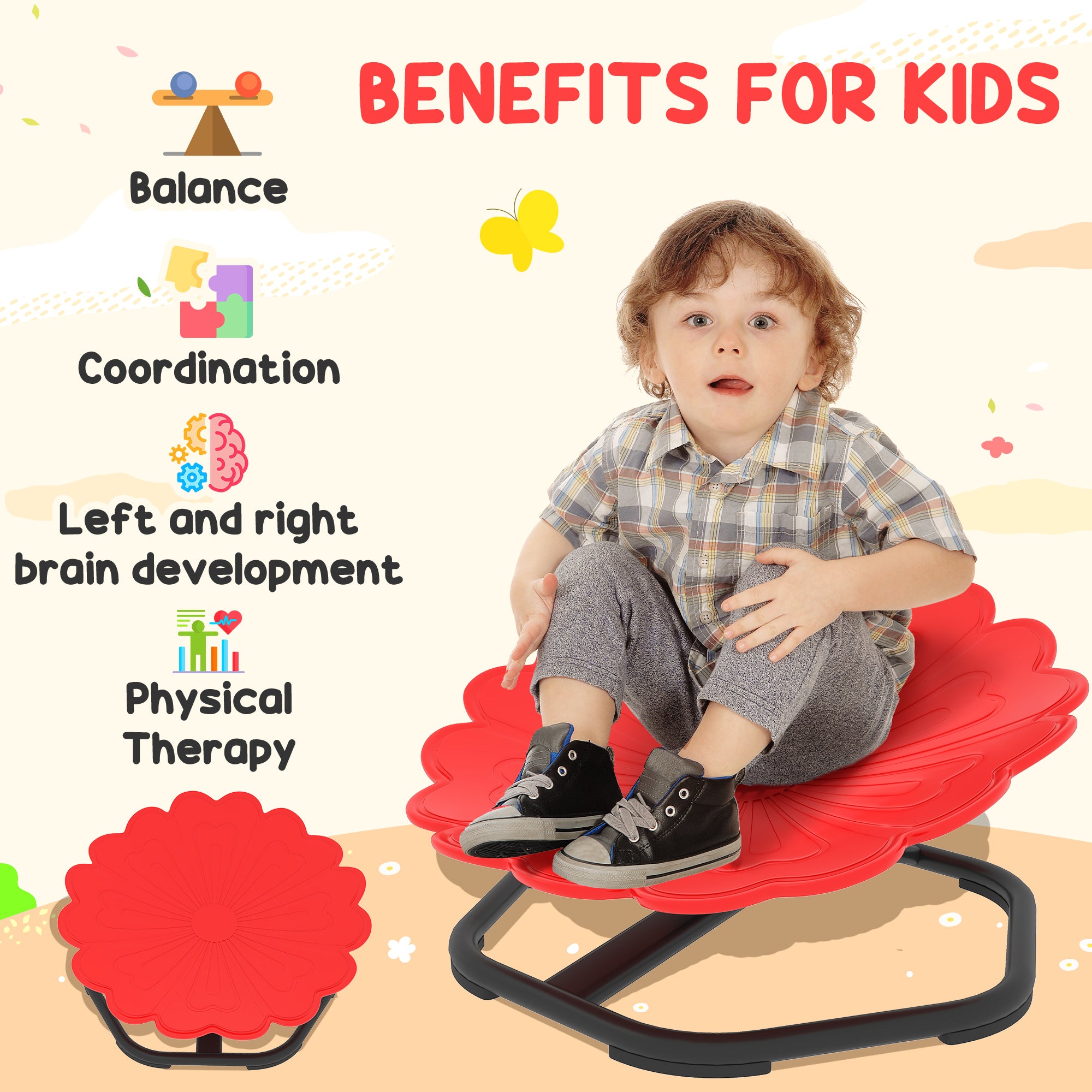 AIYAPLAY Flower-Shaped Sensory Spinning Chair with Non-Slip Base for Balance/Coordination, Red