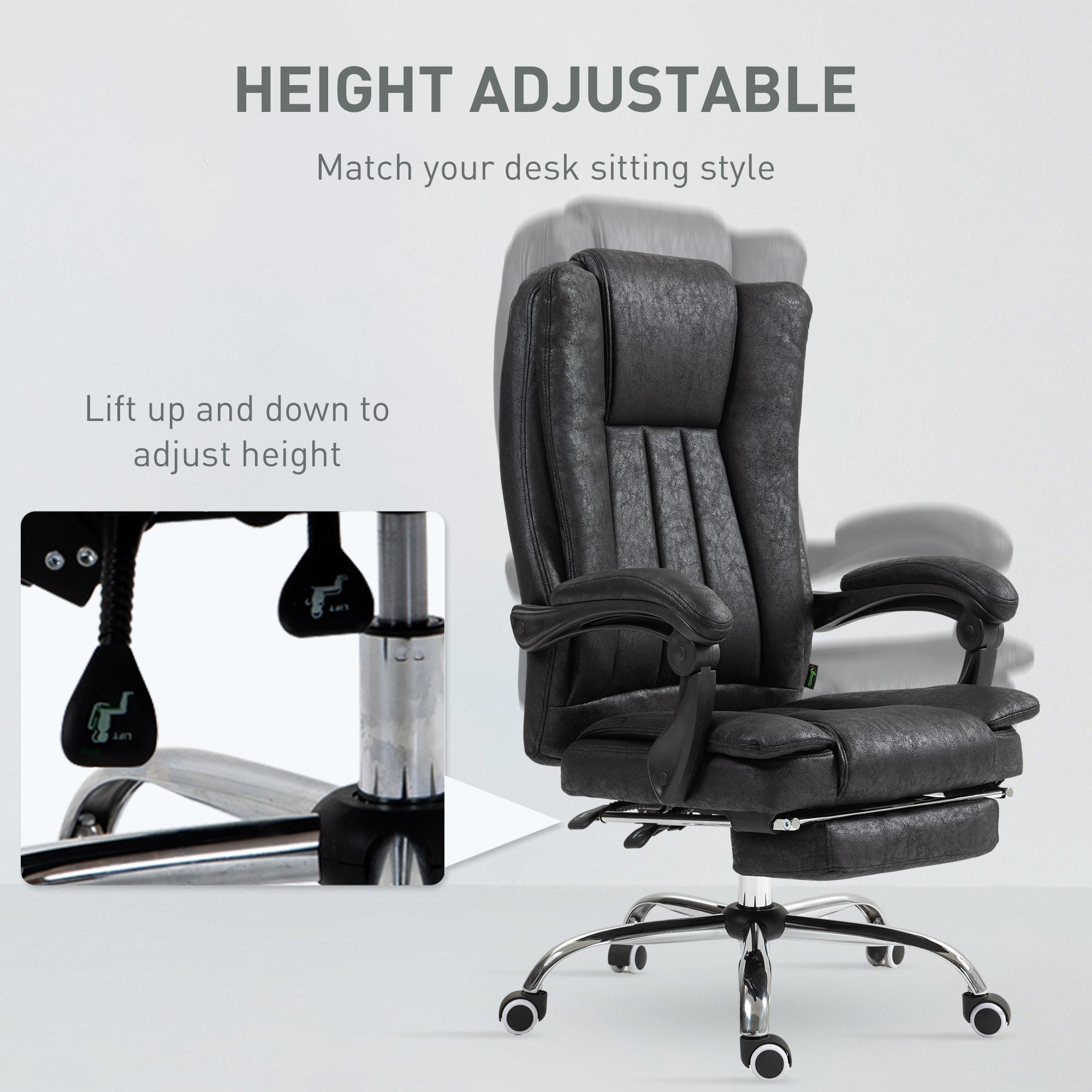 Vinsetto Home Office Chair Microfibre Desk Chair with Reclining Function Armrests Swivel Wheels Footrest Black - North Peak Garden Furniture
