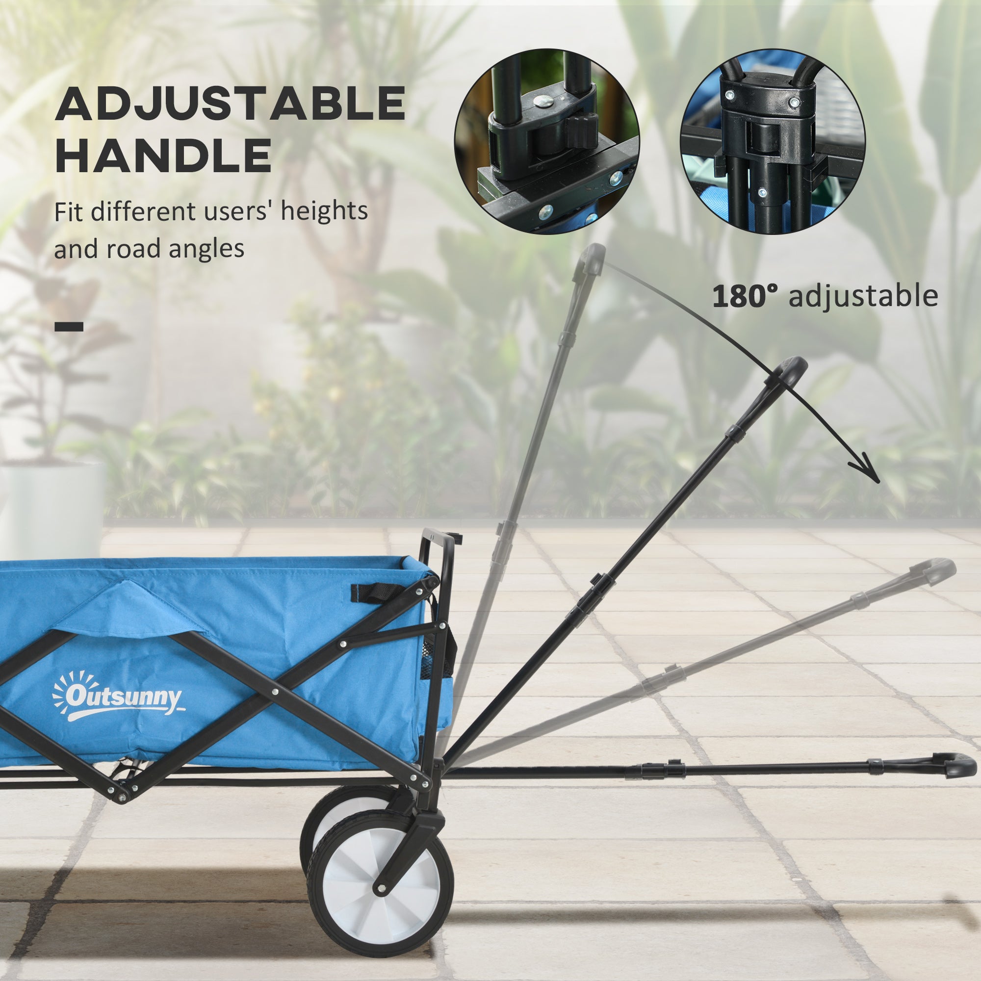 Outsunny 90L Folding Garden Trolley Cart Pull Along Wagon with Telescopic Handle for Beach Camping Festival - Blue - North Peak Garden Furniture