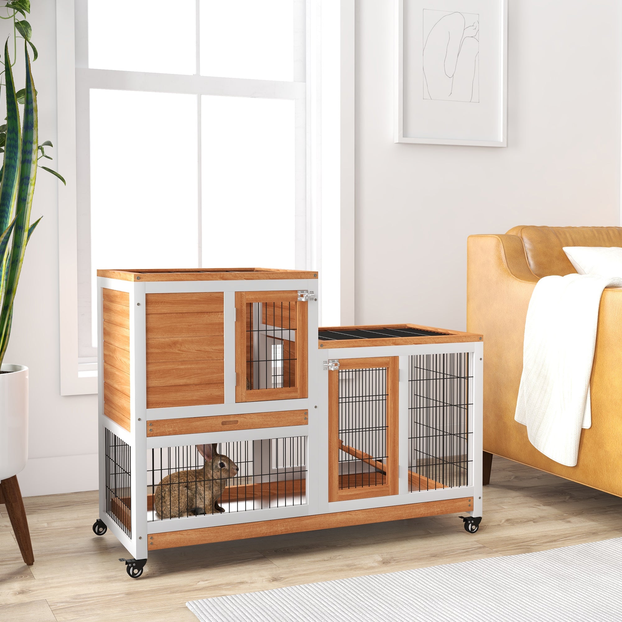 PawHut Wooden Indoor Hutch Elevated Cage w/ Wheel, Run, Yellow - North Peak Garden Furniture