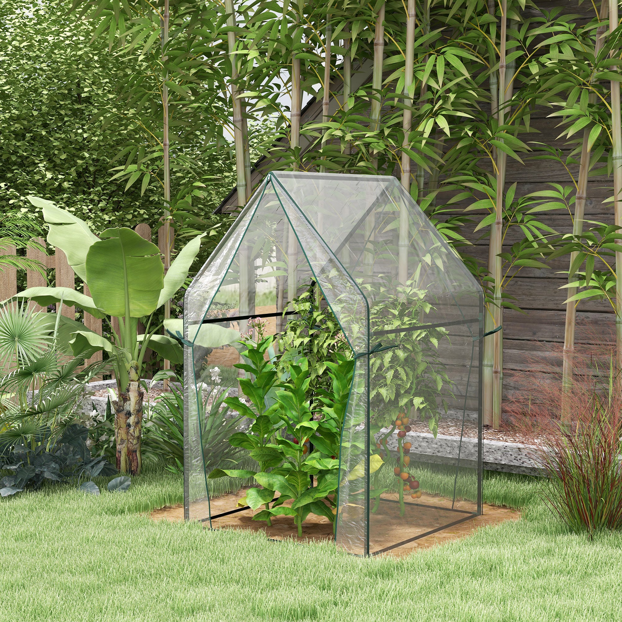 Outsunny Mini Greenhouse, Garden Tomato Growhouse with 2 Zipped Doors, Portable Indoor Outdoor Green House, 90 x 90 x 145cm, Clear - North Peak Garden Furniture
