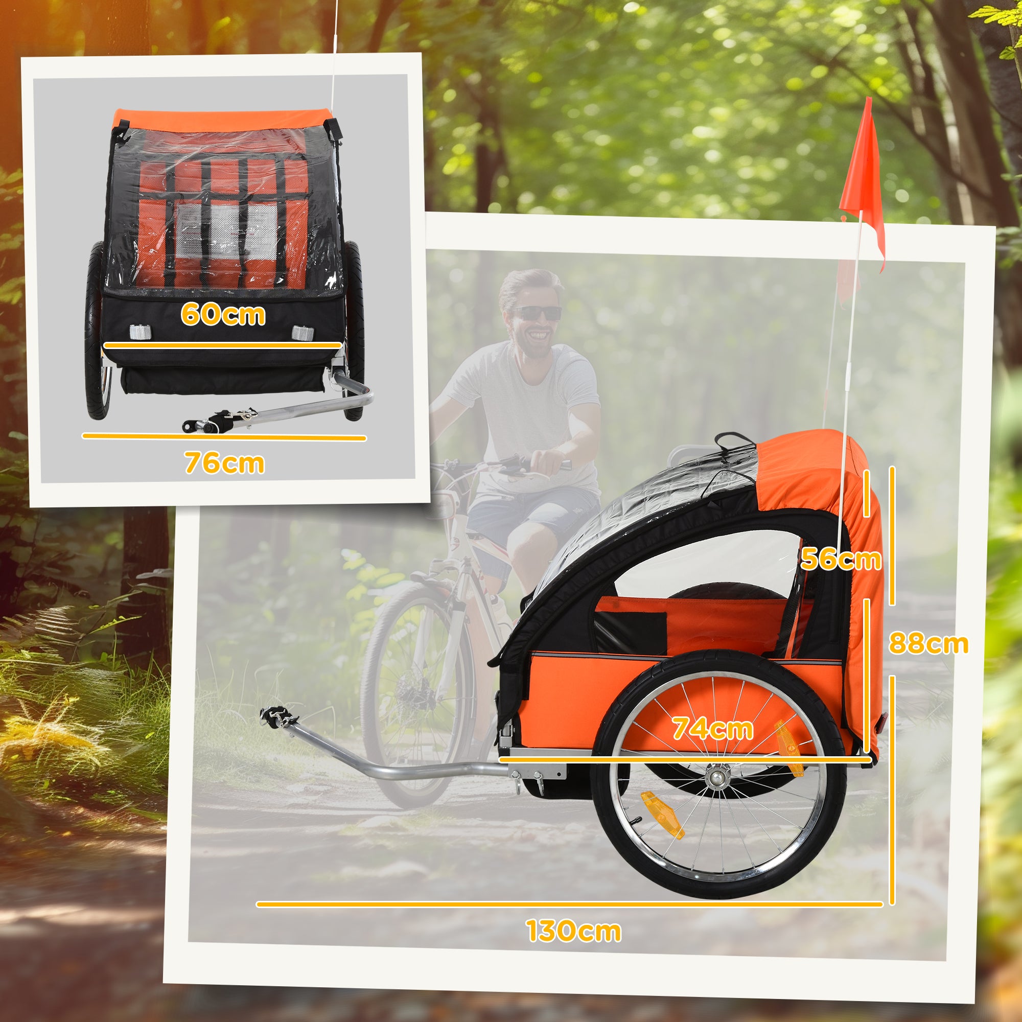 HOMCOM 2 Seat Bike Trailer Bicycle wagon for Kids Child Steel Frame Safety Harness Seat Carrier Orange Black 130 x 76 x 88 cm - North Peak Garden Furniture