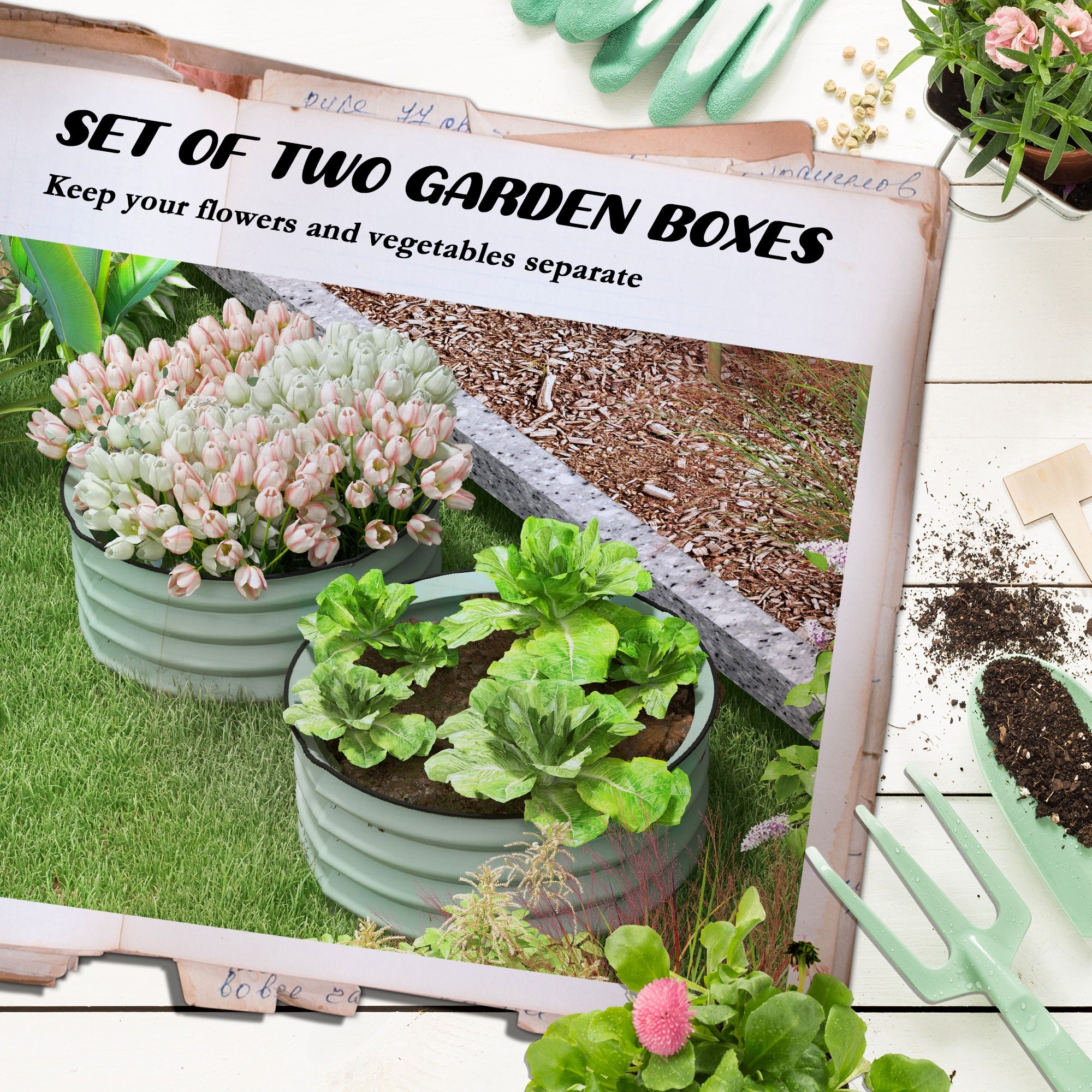 Outsunny Set of 2 Raised Garden Bed, Metal Planter Box with Safety Edging, Easy-to-assemble Stock Tank, Green - North Peak Garden Furniture