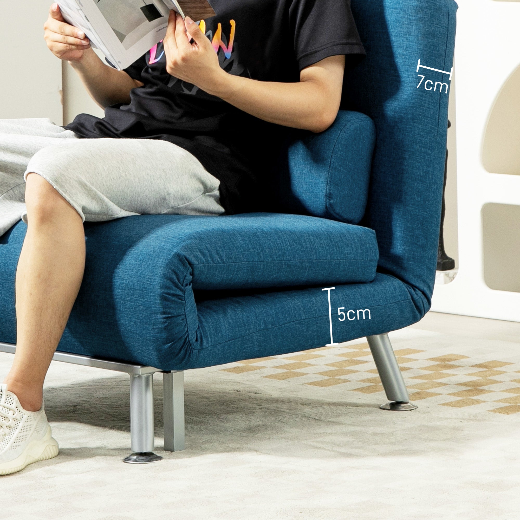 HOMCOM Single Linen-Look Sleeper Chair - Blue - North Peak Garden Furniture