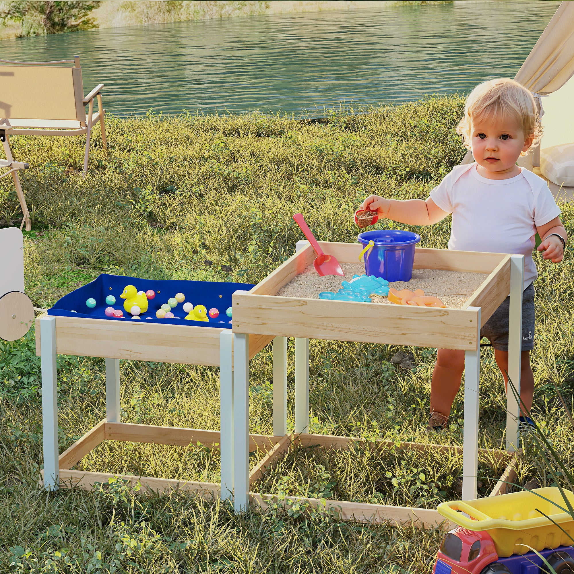AIYAPLAY 2 PCS Wooden Outdoor Sand and Water Play Tables with Bottom Liner for Kids Aged 3-8 Years Old, Natural Wood Finish - North Peak Garden Furniture