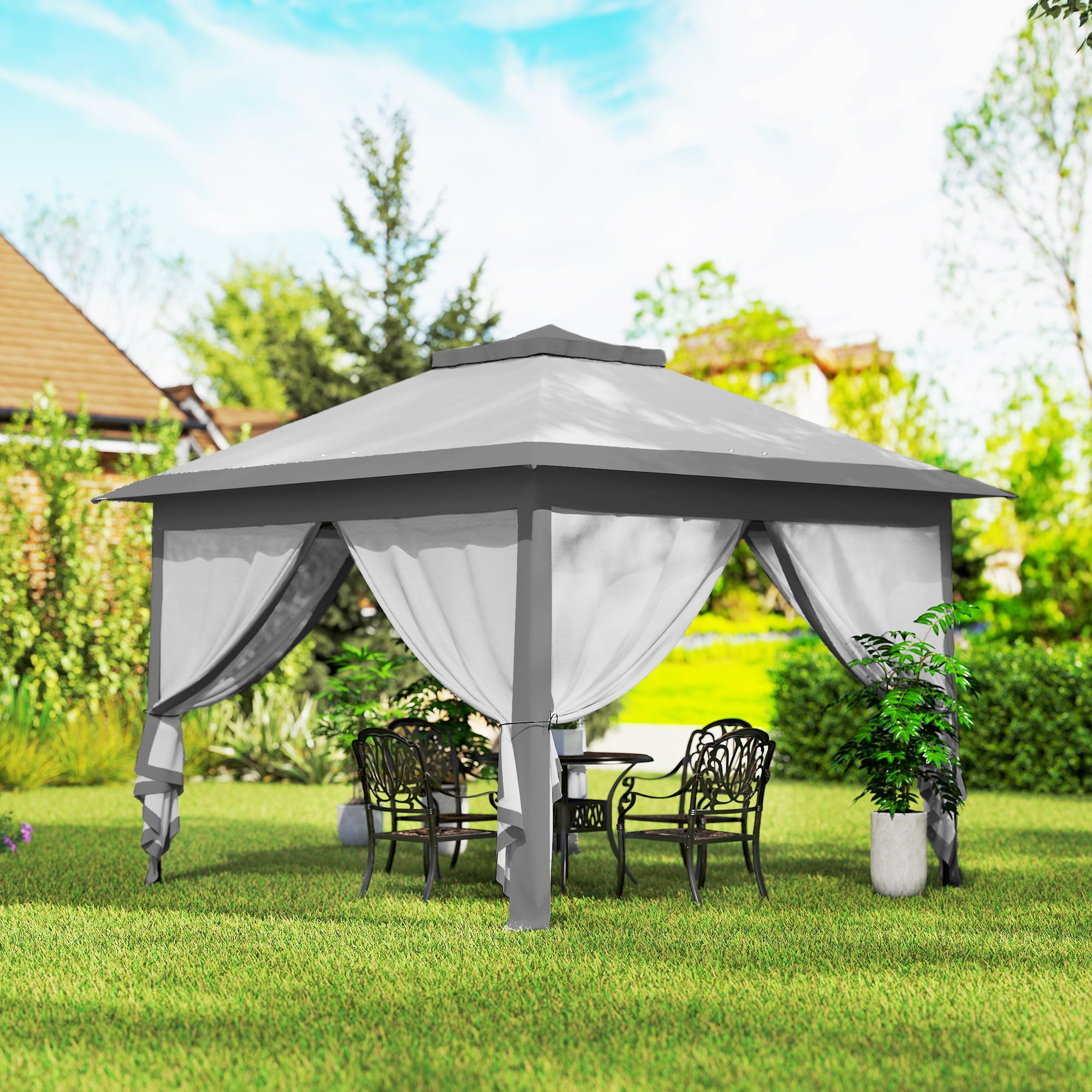 Outsunny 330cm x 330cm Pop Up Canopy, Double Roof Foldable Canopy Tent with Zipped Mesh Sidewalls, Height Adjustable and Carrying Bag, Event Tent for Patio Garden, Grey