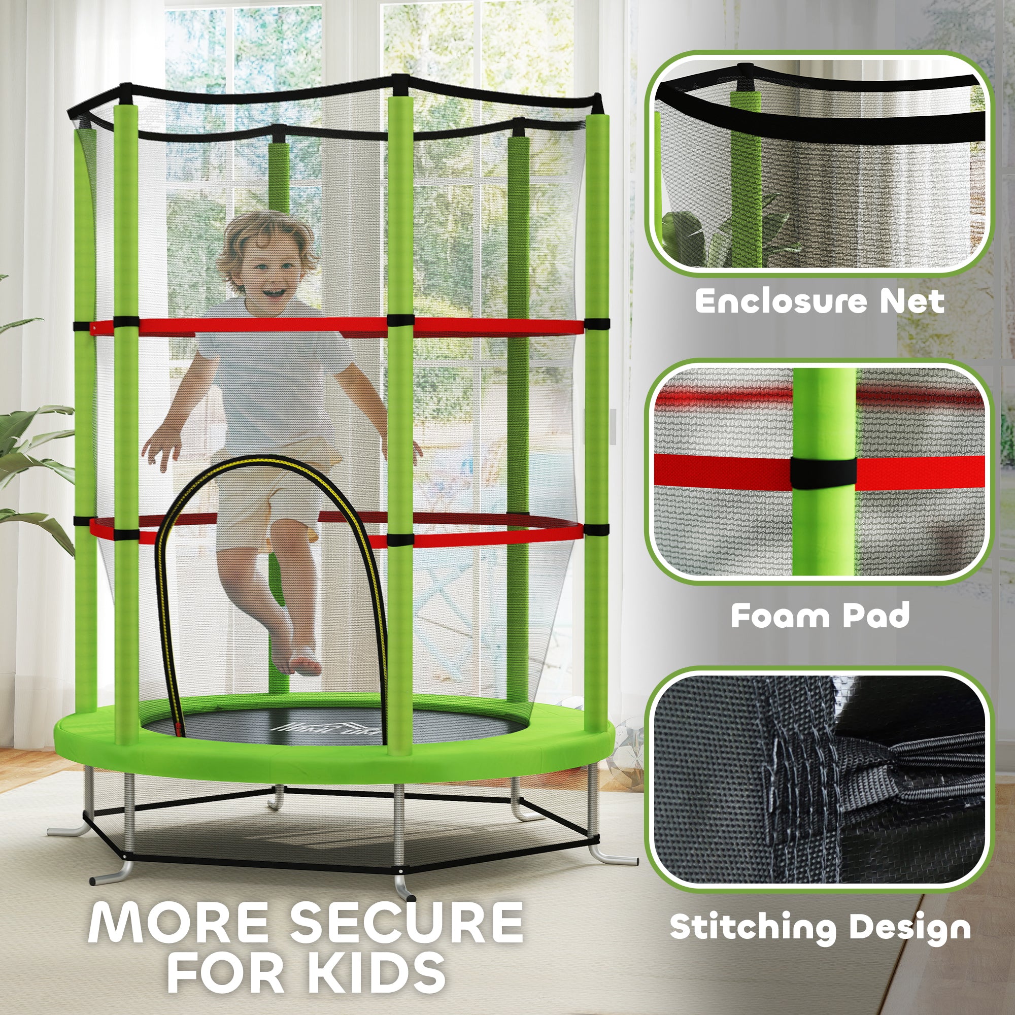 HOMCOM Kids Trampoline, with Enclosure Net, Steel Frame, for Ages 3-6 Years - Green - North Peak Garden Furniture
