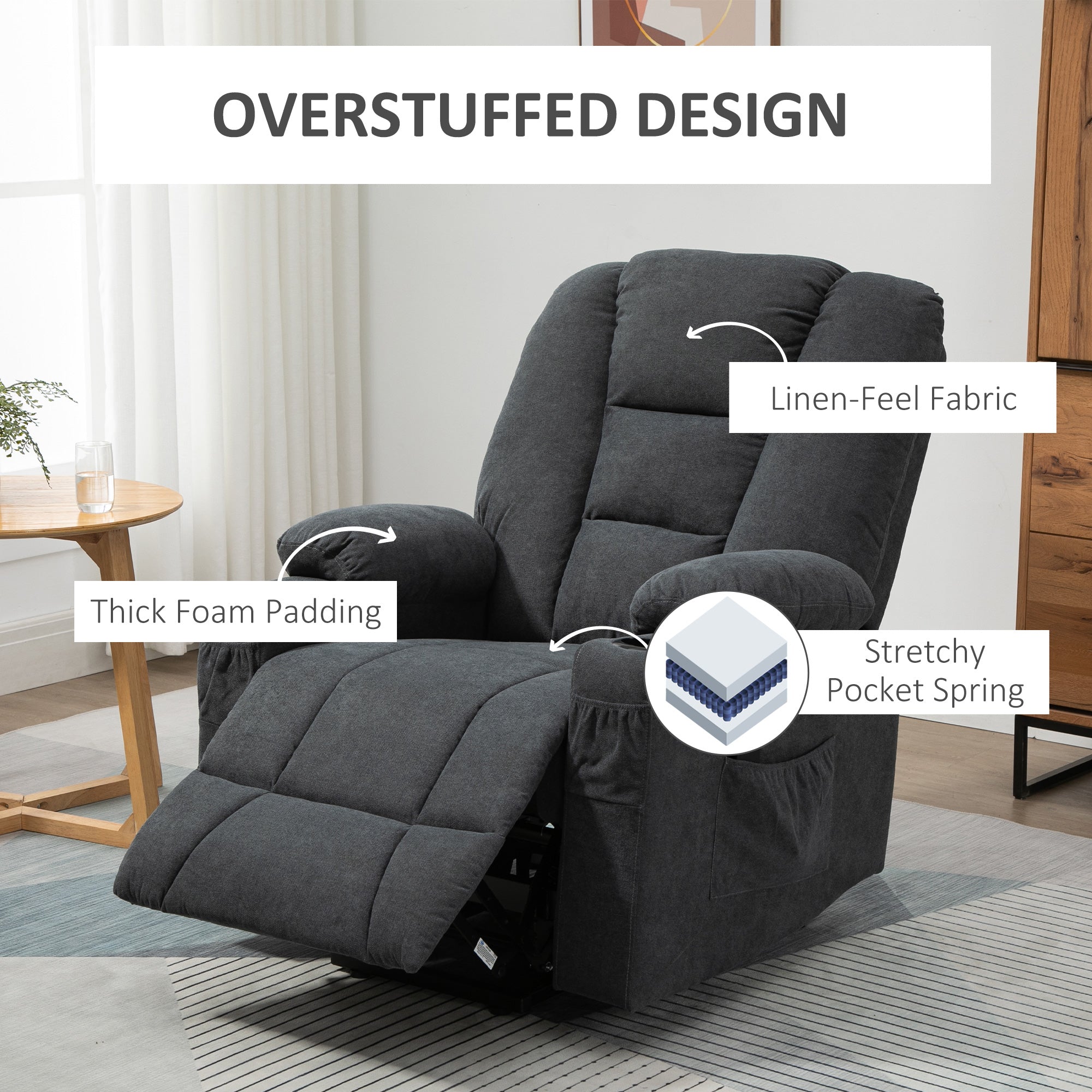 HOMCOM Oversized Riser and Recliner Chairs for the Elderly, Fabric Upholstered Lift Chair for Living Room with Remote Control, Side Pockets, Cup Holder, Charcoal Grey - North Peak Garden Furniture