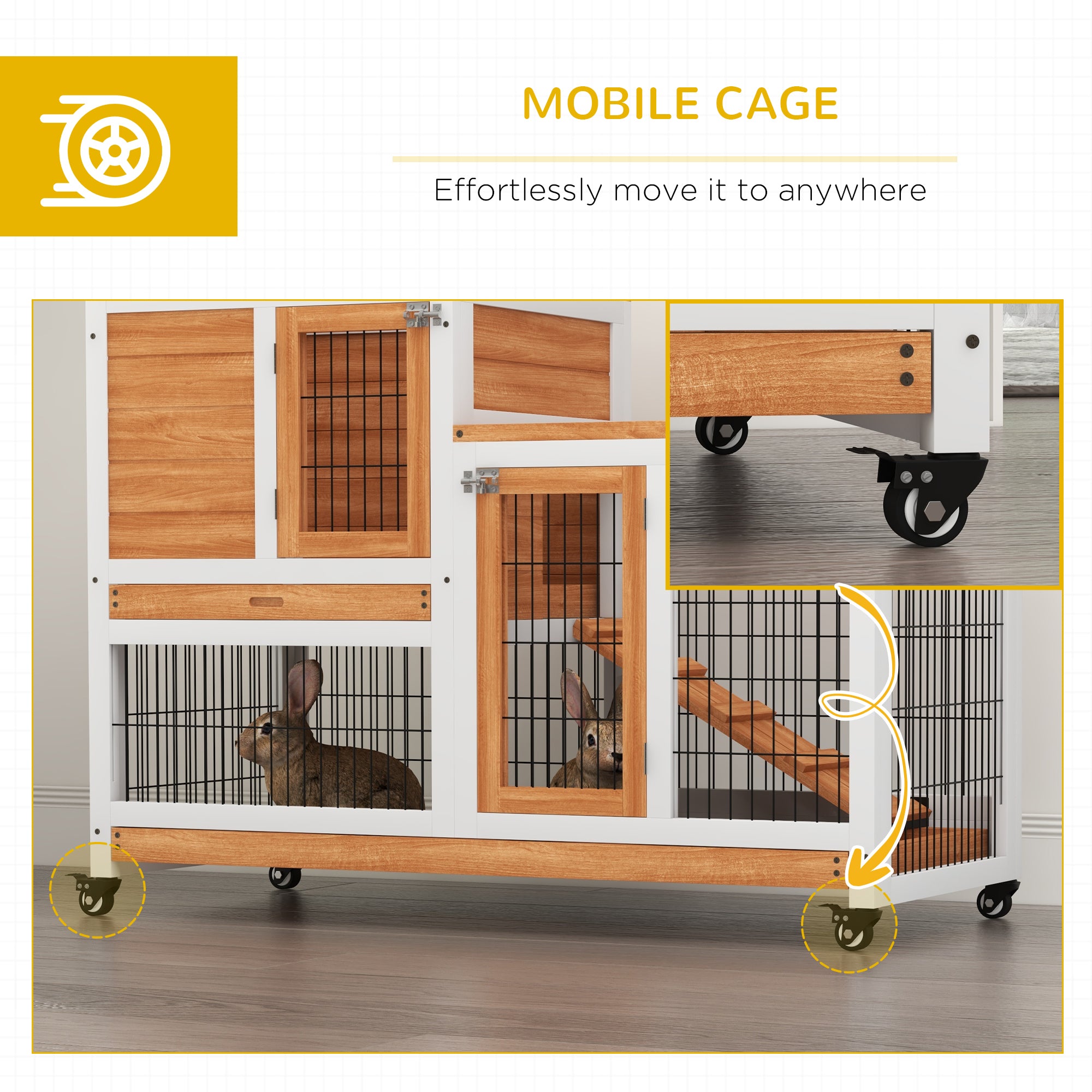 PawHut Wooden Indoor Hutch Elevated Cage w/ Wheel, Run, Yellow - North Peak Garden Furniture