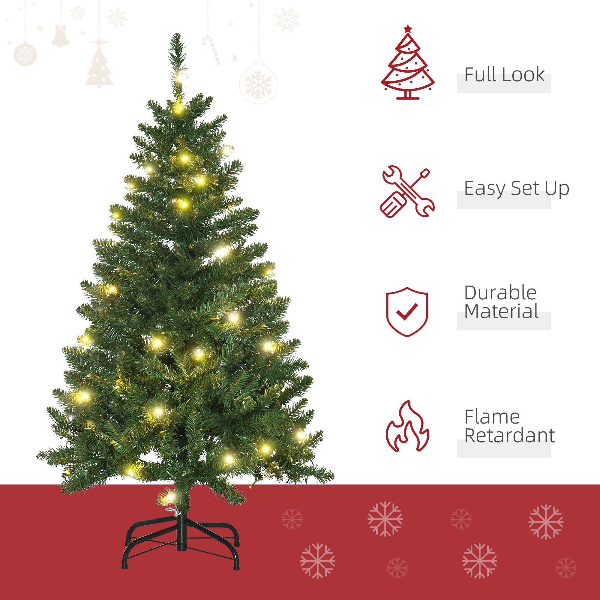 HOMCOM 4FT Christmas Tree Warm White LED Light Holiday Home Decoration, Green - North Peak Garden Furniture