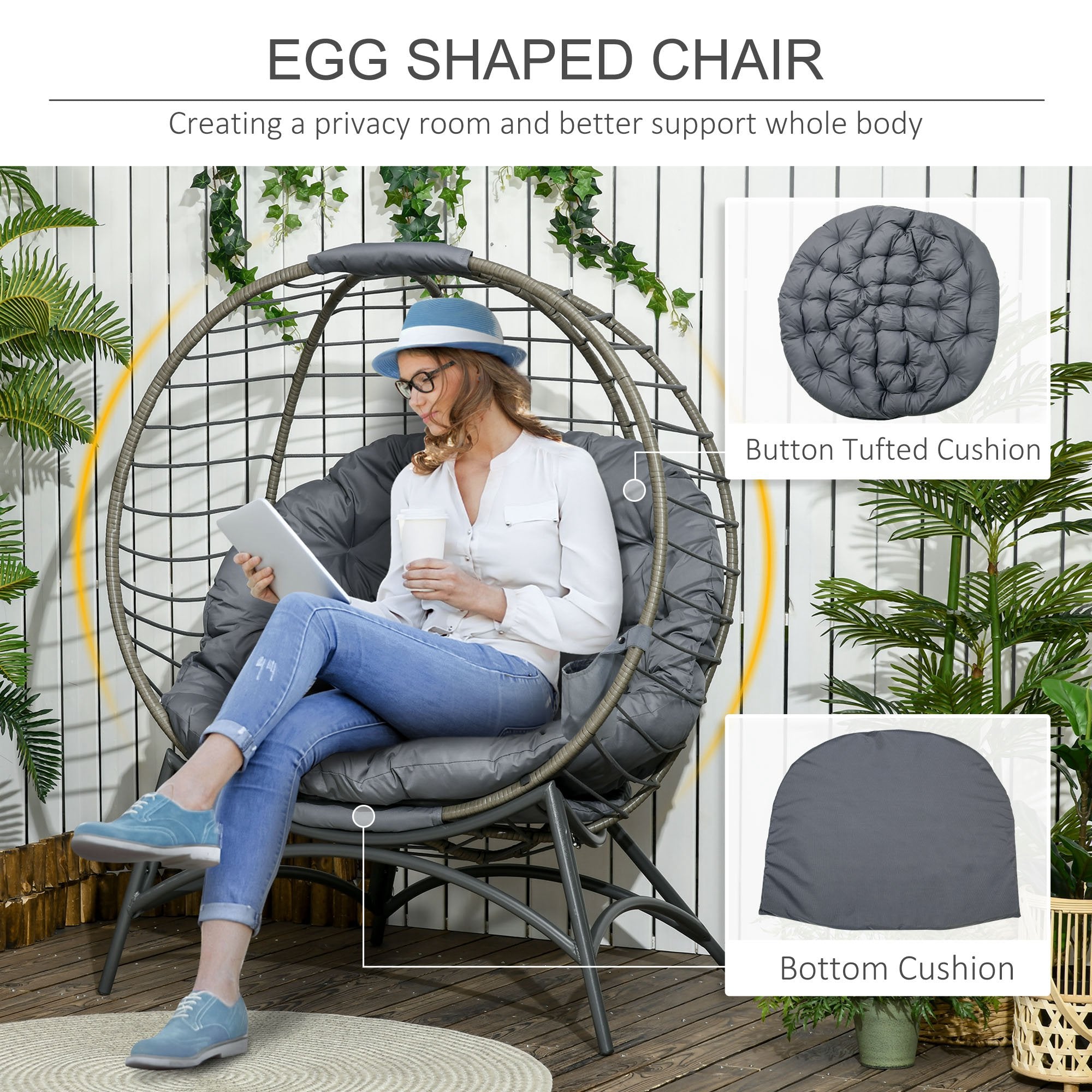 Outsunny Folding Rattan Egg Chair, Freestanding Basket Chair with Cushion, Bottle Holder Bag for Outdoor or Indoor, Grey - North Peak Garden Furniture