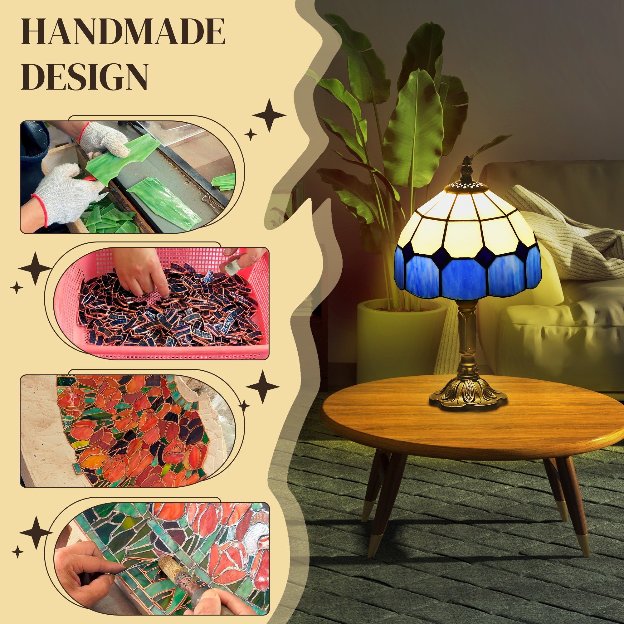 HOMCOM Handmade Stained Glass Table Lamp, Antique Bedside Lamp for Bedroom, Living room, Home, Nightstand, Decorative Night Light, Blue - North Peak Garden Furniture