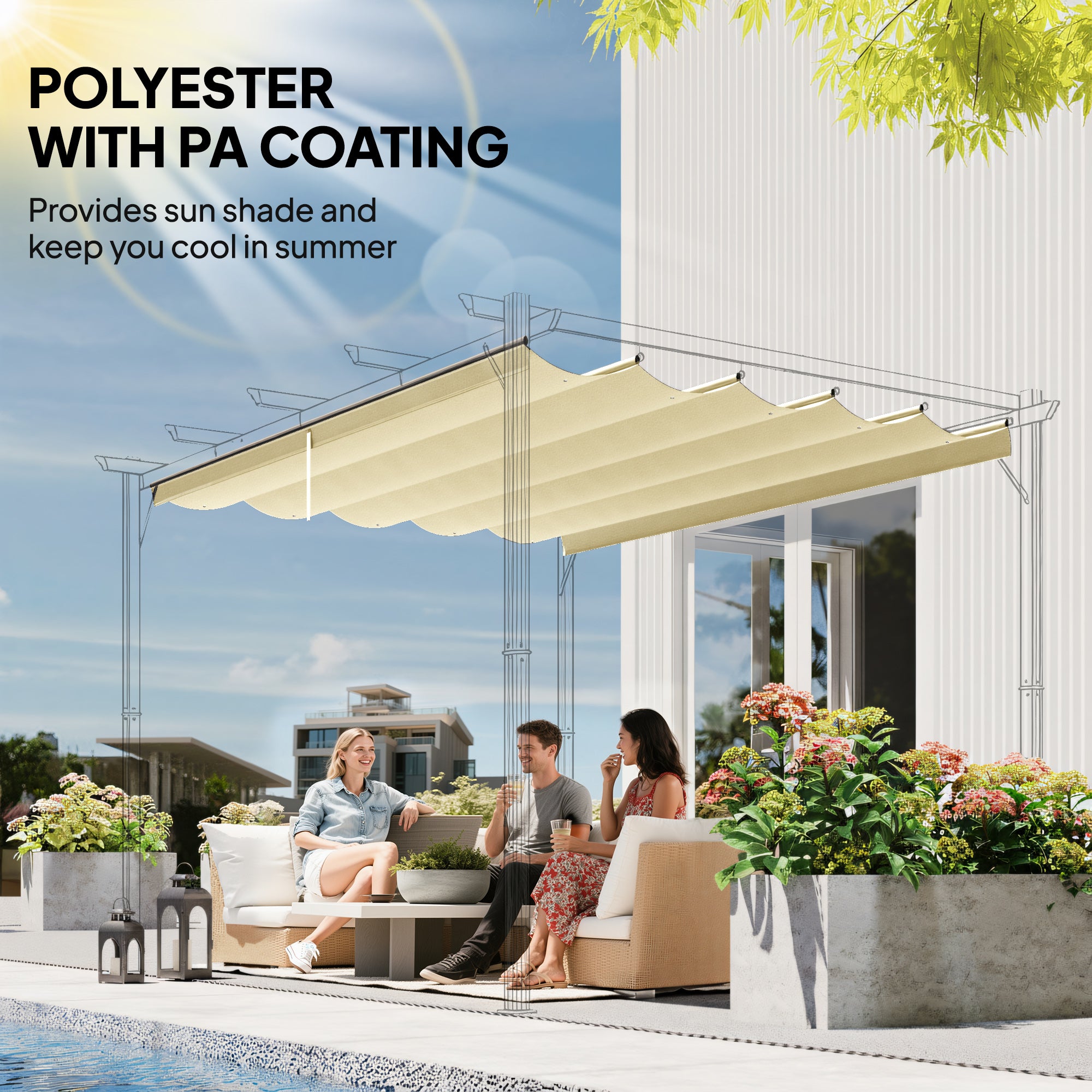 Outsunny Retractable Pergola Shade Cover, Replacement Canopy for 4 x 3 (m) Pergola, Retractable Roof, Cream White