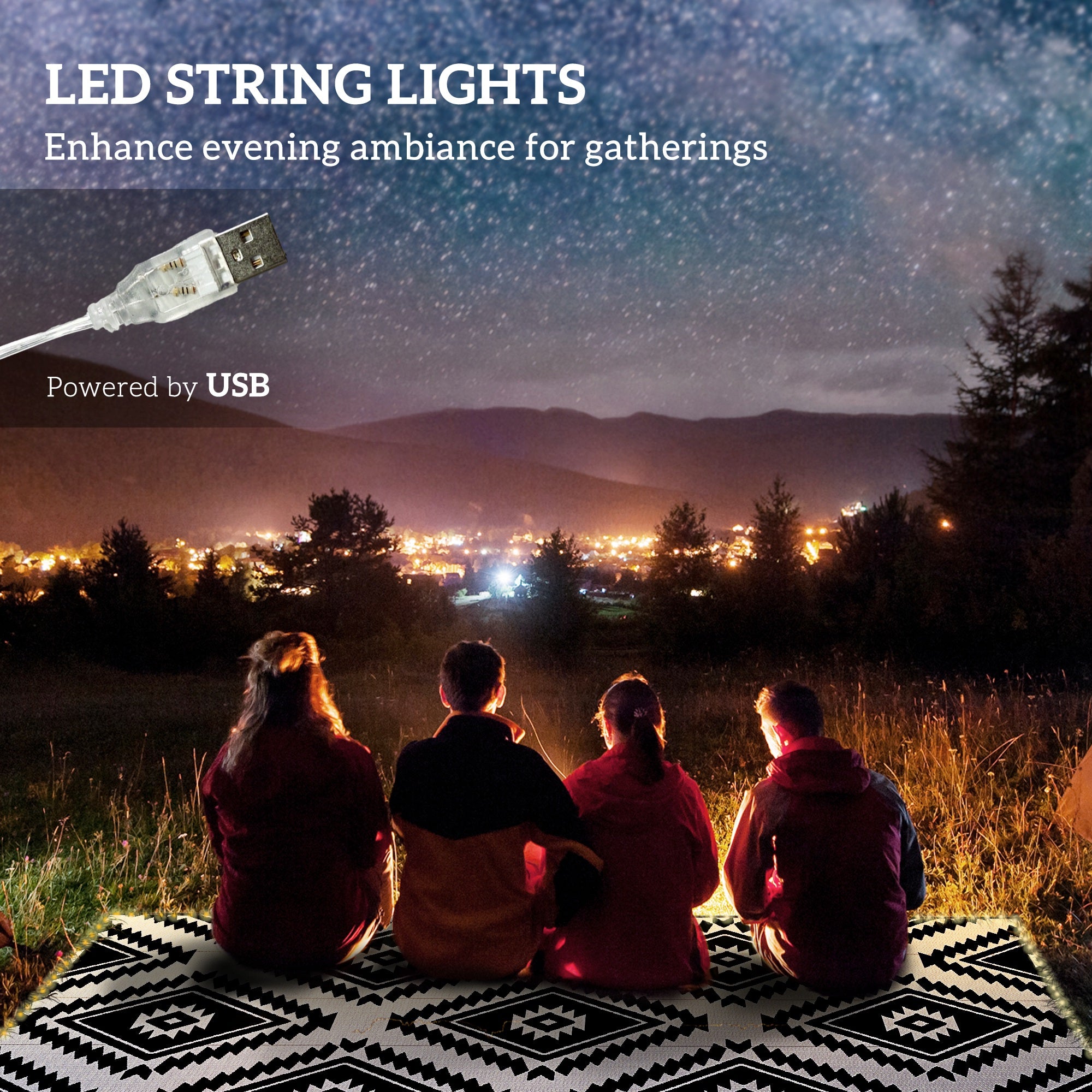 Outsunny Plastic Straw Reversible RV Outdoor Rug with LED String Light, 182 x 274cm, Black and White - North Peak Garden Furniture