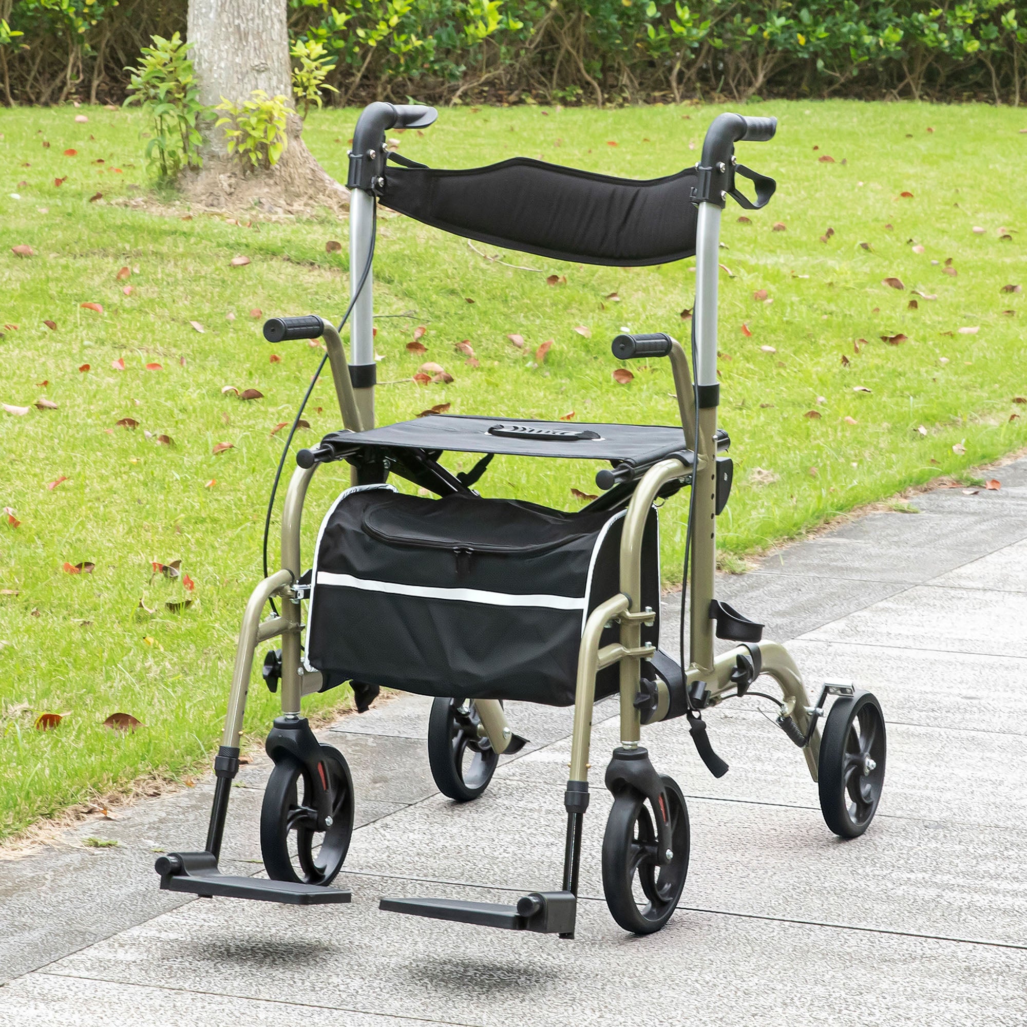HOMCOM 2 in 1 Wheelchair & Folding Rollator Walker with Seat, Backrest, Footrest Combo, Lightweight Walking Frame with Storage Bag, Adjustable Height, 4 Wheeled Walker for Seniors, Yellow-green - North Peak Garden Furniture