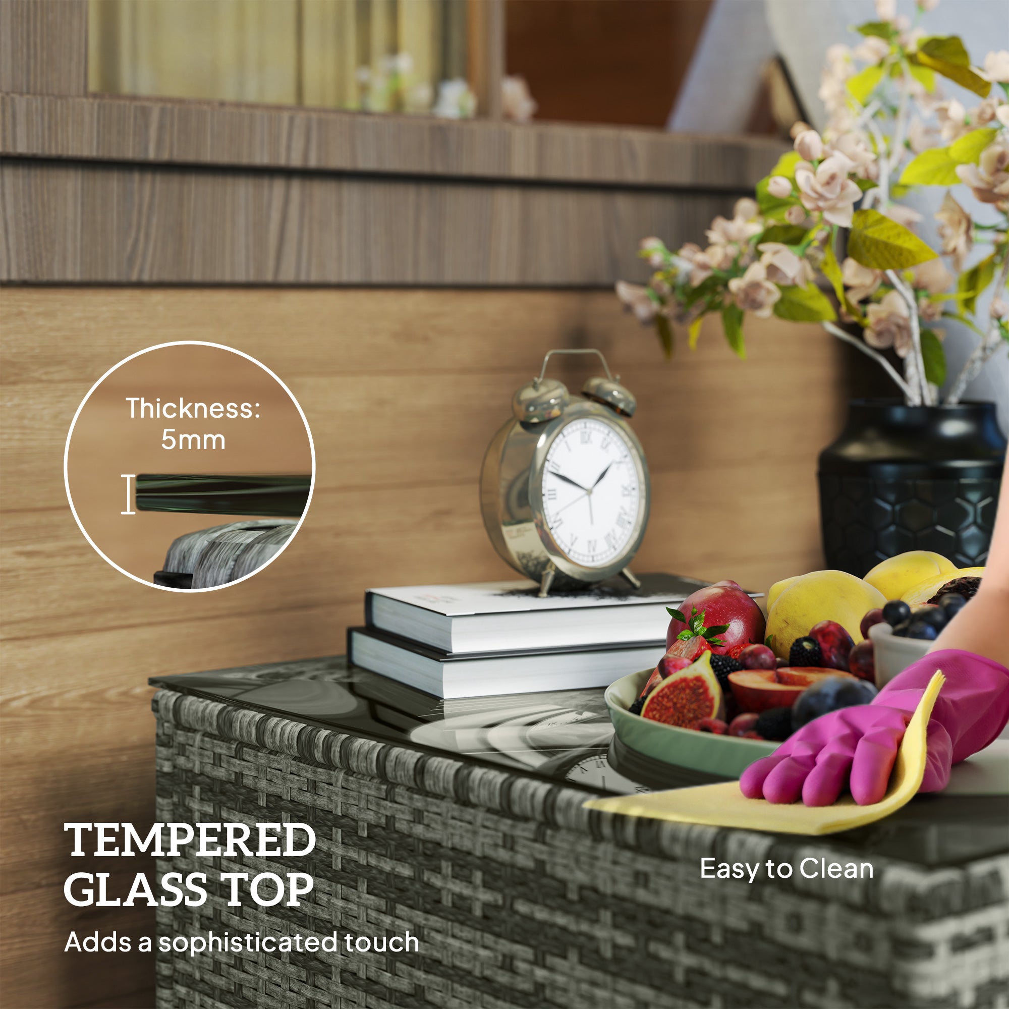 Outsunny 62 x 62cm Glass-Top Rattan Side Table - Light Grey - North Peak Garden Furniture