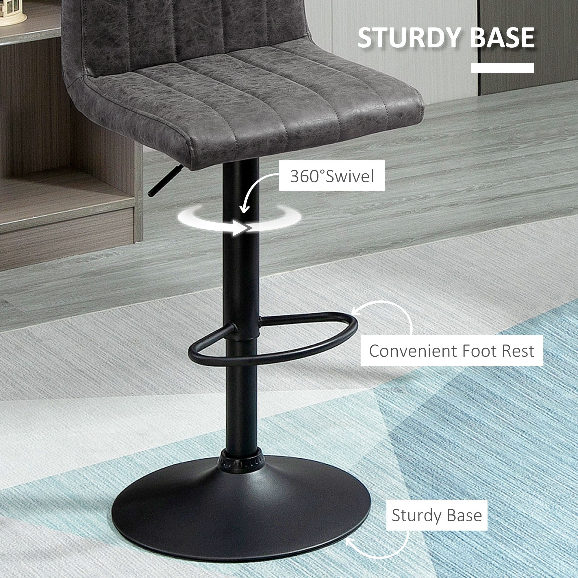 HOMCOM Adjustable Barstools Set of 2, Swivel Counter Bar Chairs, Bar Stools with Footrest, PU Leather, Gas Lift, Grey - North Peak Garden Furniture