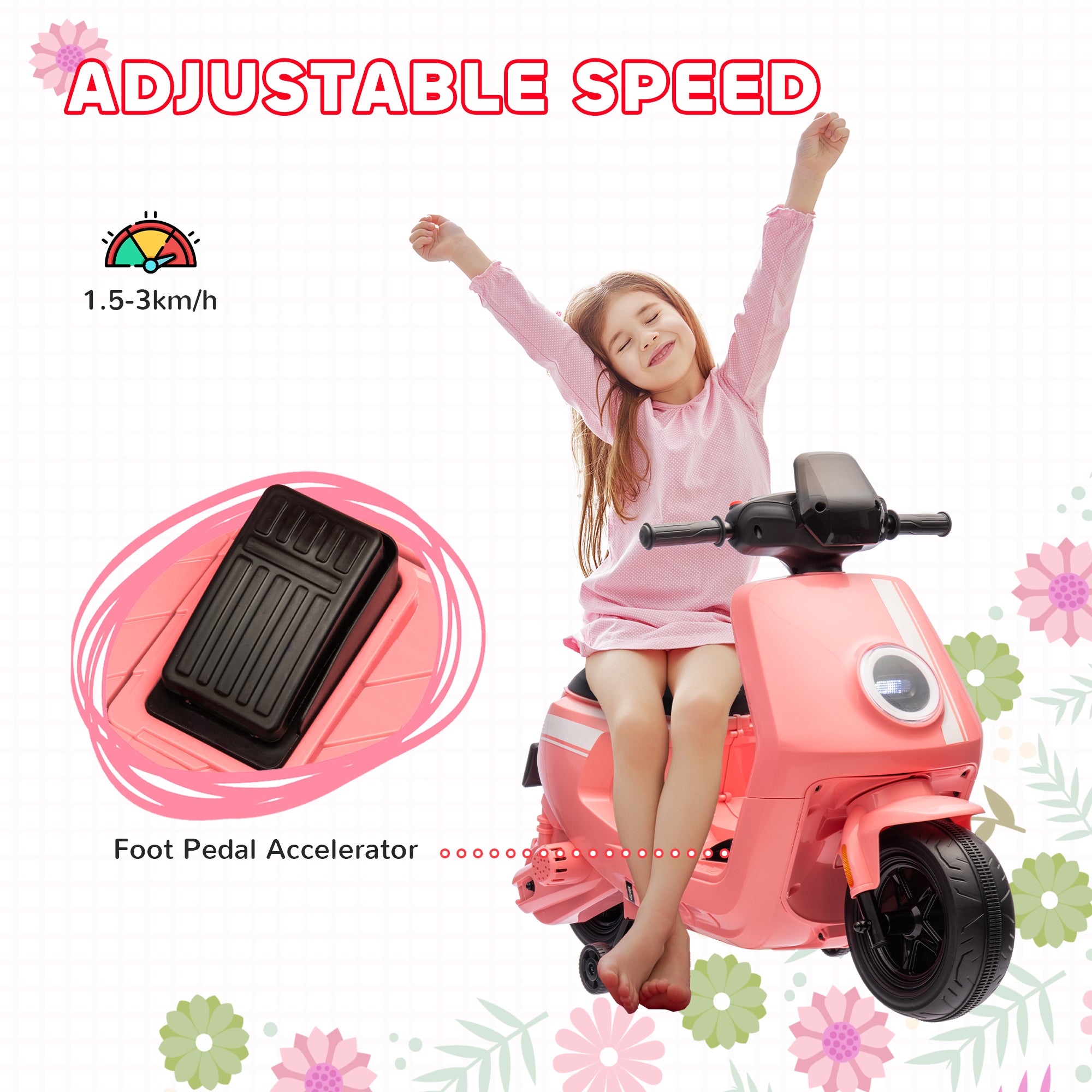 AIYAPLAY 6V Ride on Motorbike Kids Electric Motorbike w/ Headlight Music, Training Wheels, for Ages 18-36 Months - Pink