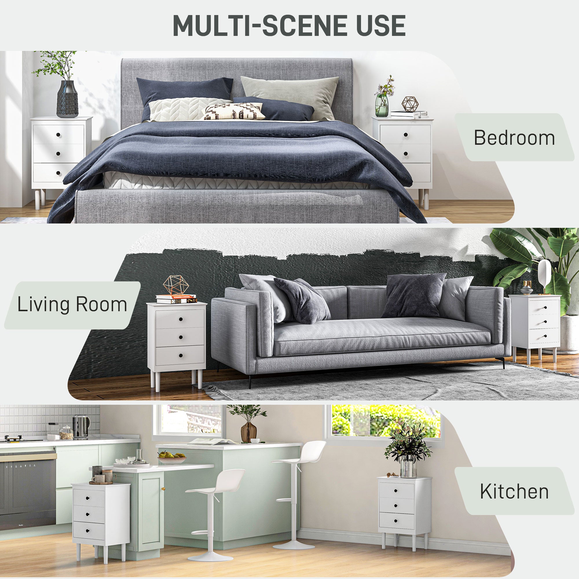 HOMCOM Set of Two Three-Drawer Modern Bedside Tables - White - North Peak Garden Furniture