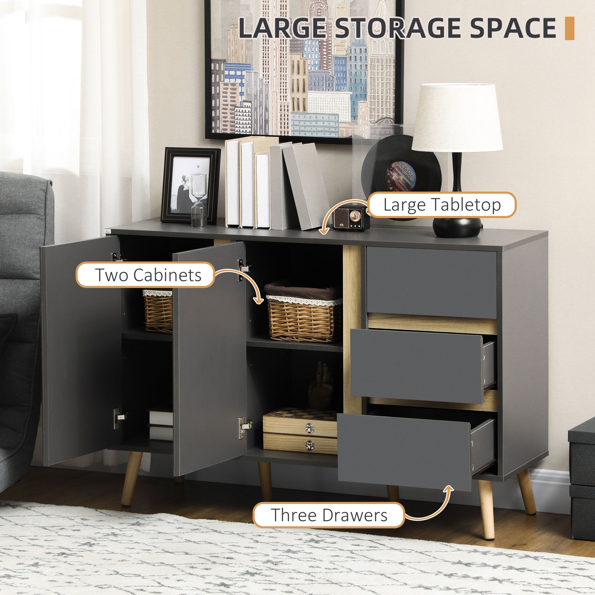 HOMCOM Sideboard, Modern Kitchen Cupboard with Double Doors and 3 Drawers, Adjustable Shelves for Living Dining Room, Dark Grey - North Peak Garden Furniture