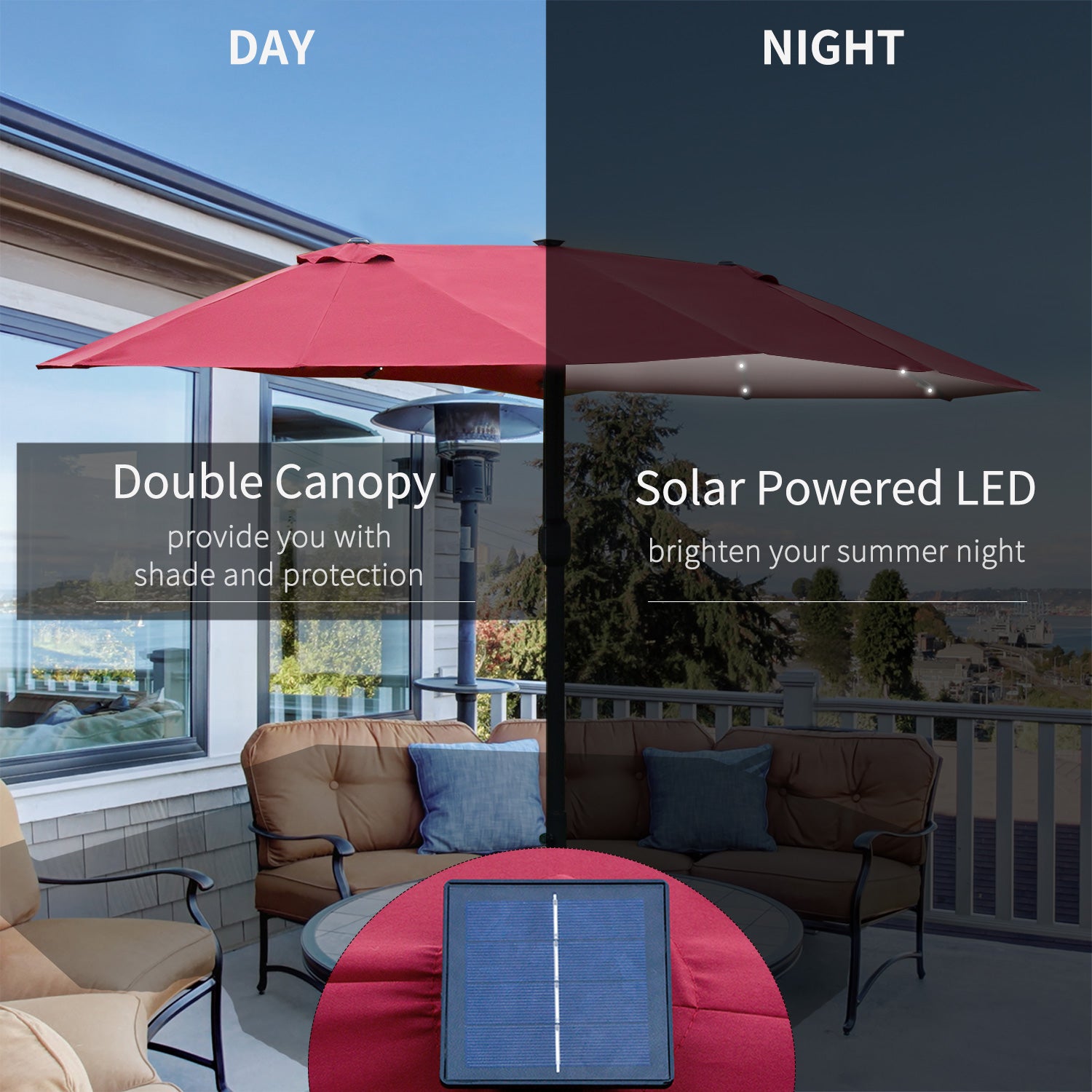 Outsunny 4.4m Double-Sided Sun Umbrella Patio Parasol LED Solar Lights Red - North Peak Garden Furniture