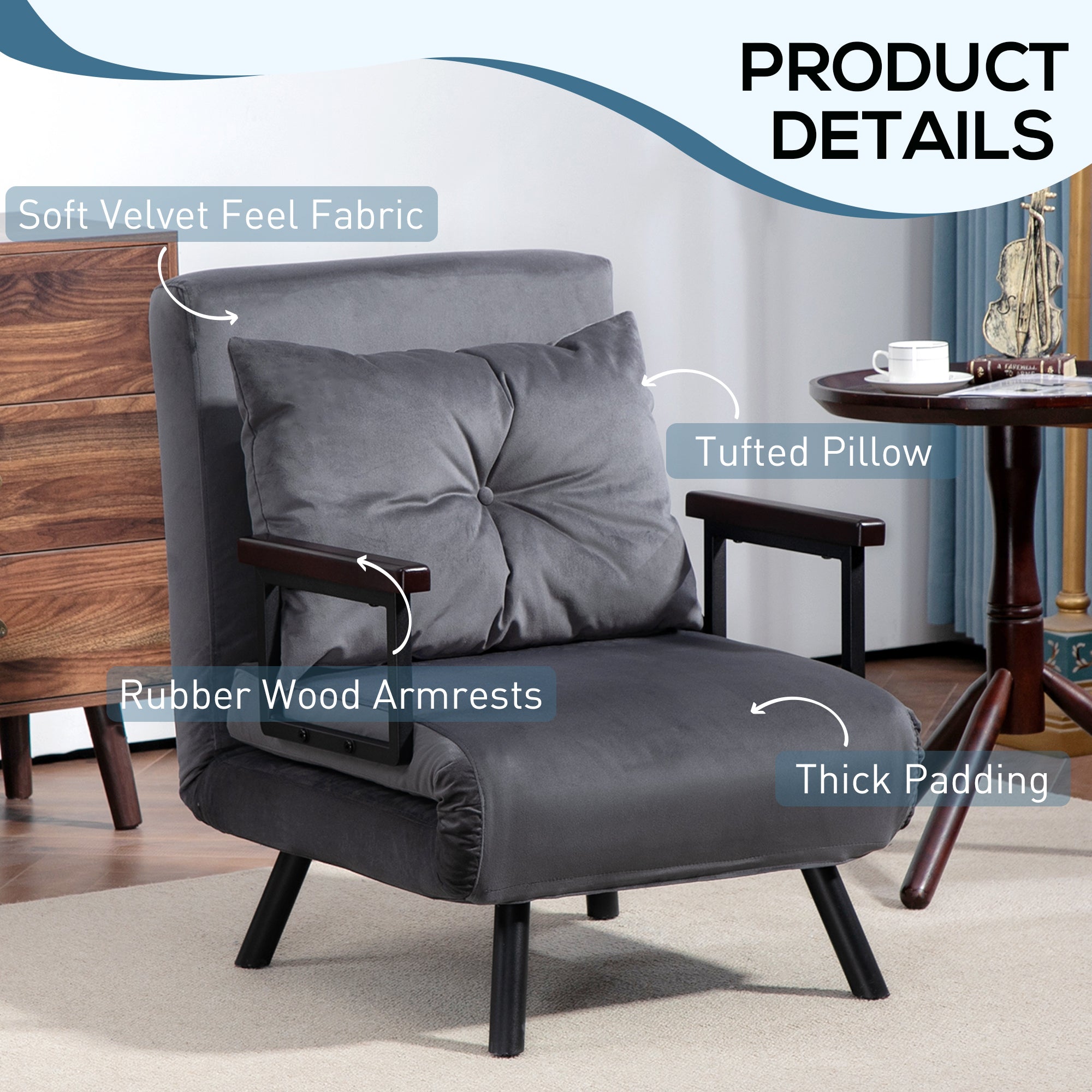 HOMCOM 4-in-1 Velvet-Feel Single Chair Bed, with Pillow - Charcoal Grey - North Peak Garden Furniture