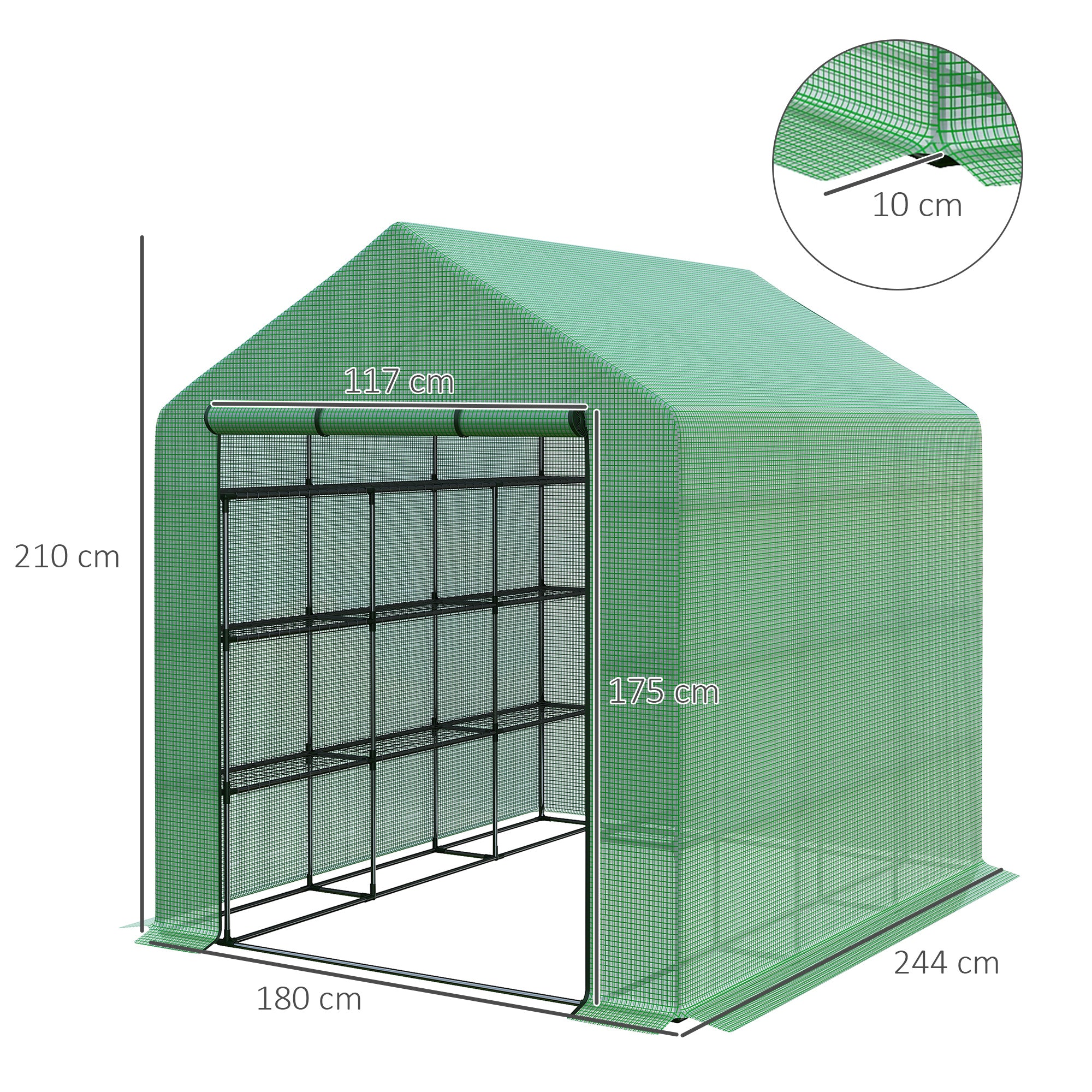 Outsunny Walk-in Greenhouse with 4 Tier 24 Shelves, Portable Grow House with Roll-up Zipped Door, 244 x 180 x 210cm, Green - North Peak Garden Furniture