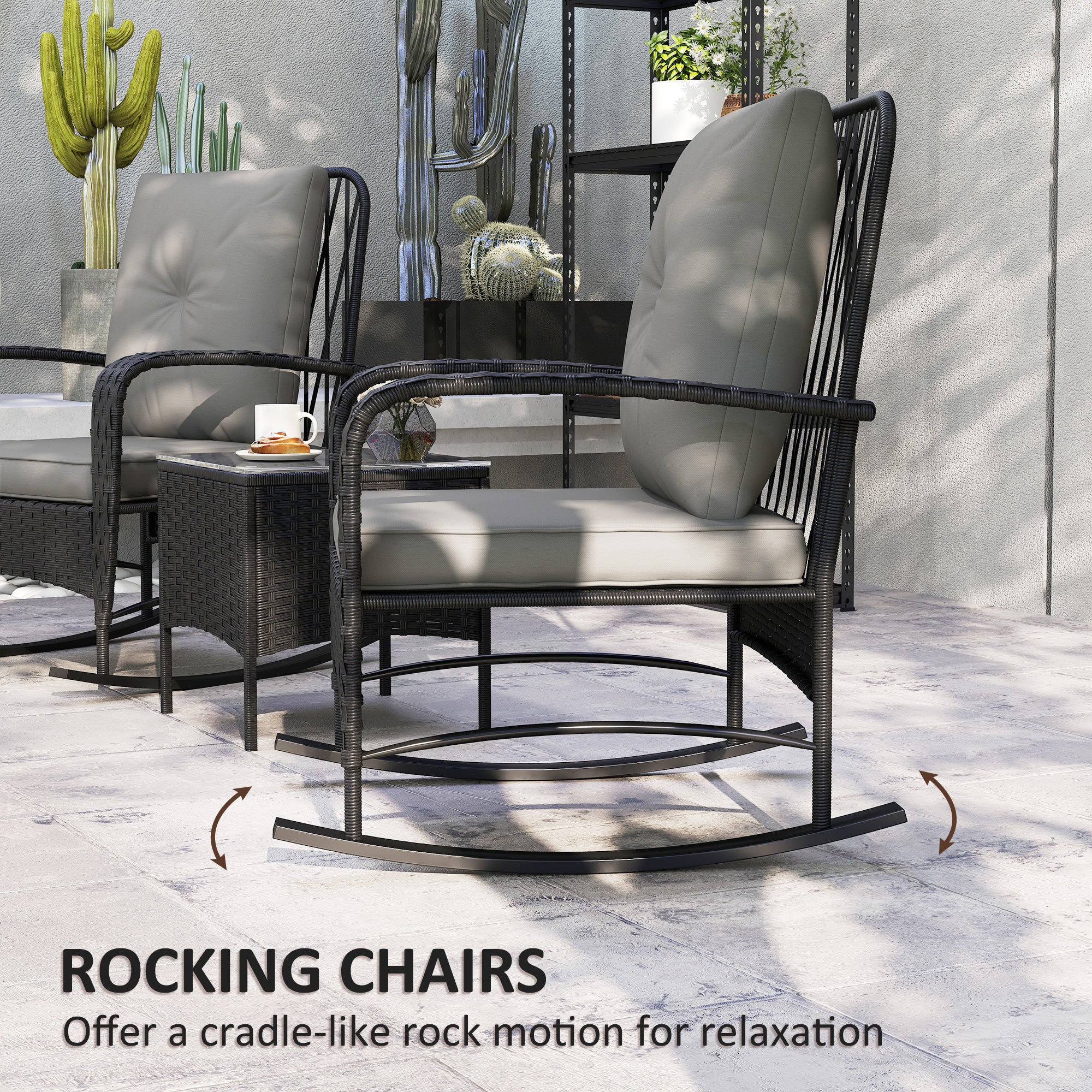 Outsunny Three-Piece Rocking Chair Rattan Bistro Set - Black - North Peak Garden Furniture