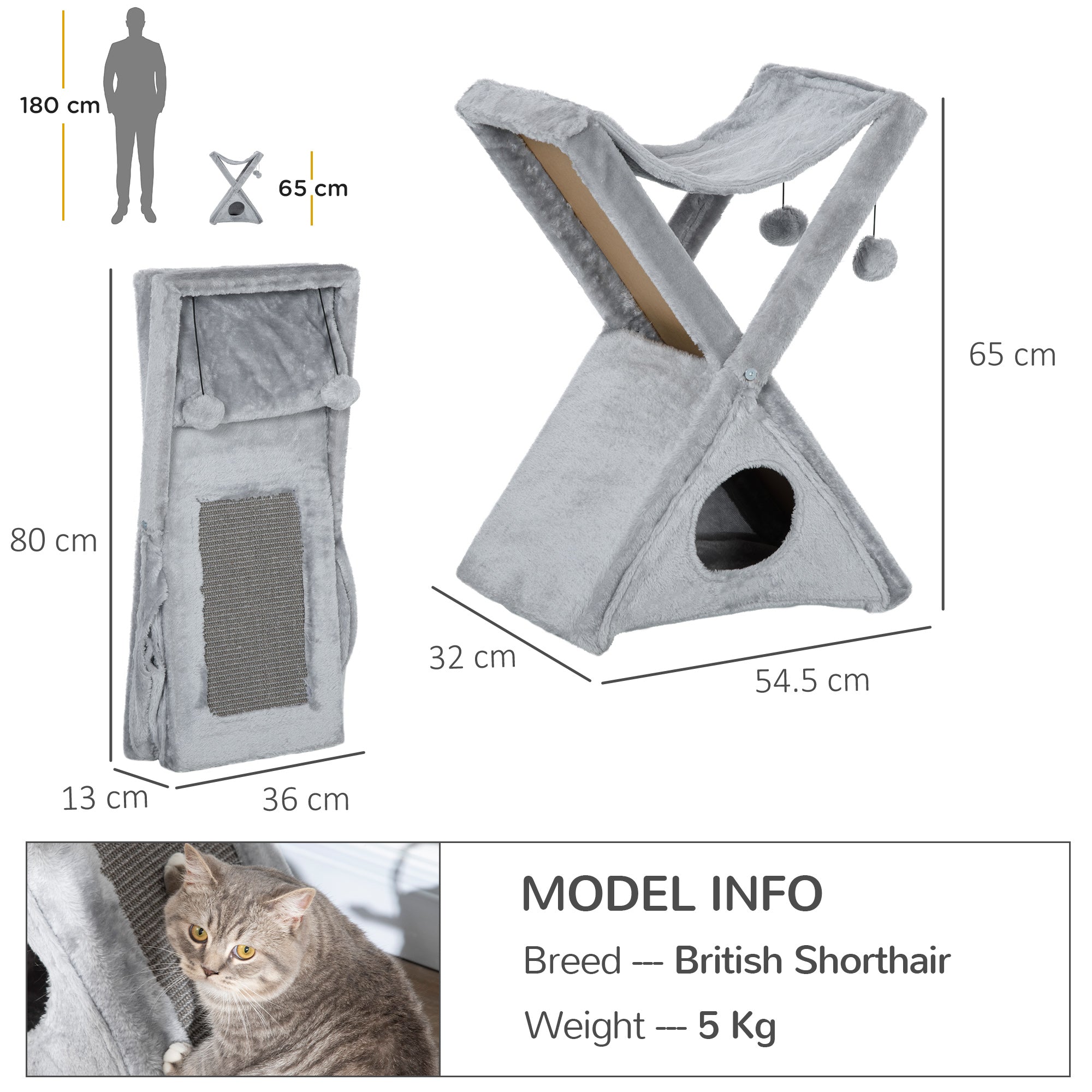 PawHut Two Tier Cat Tree for Indoor Cats Play Rest Activity Tower Plush Folding Relax Center w/ Scratching Post Hammock Pom Poms Grey - North Peak Garden Furniture