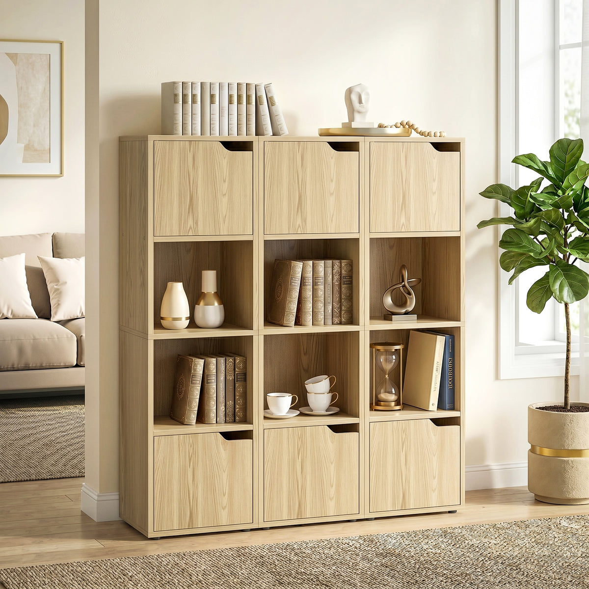 HOMCOM Narrow Bookcase, 4-Tier Bookshelf, Storage Cabinet with doors for Living Room, Bedroom, Oak