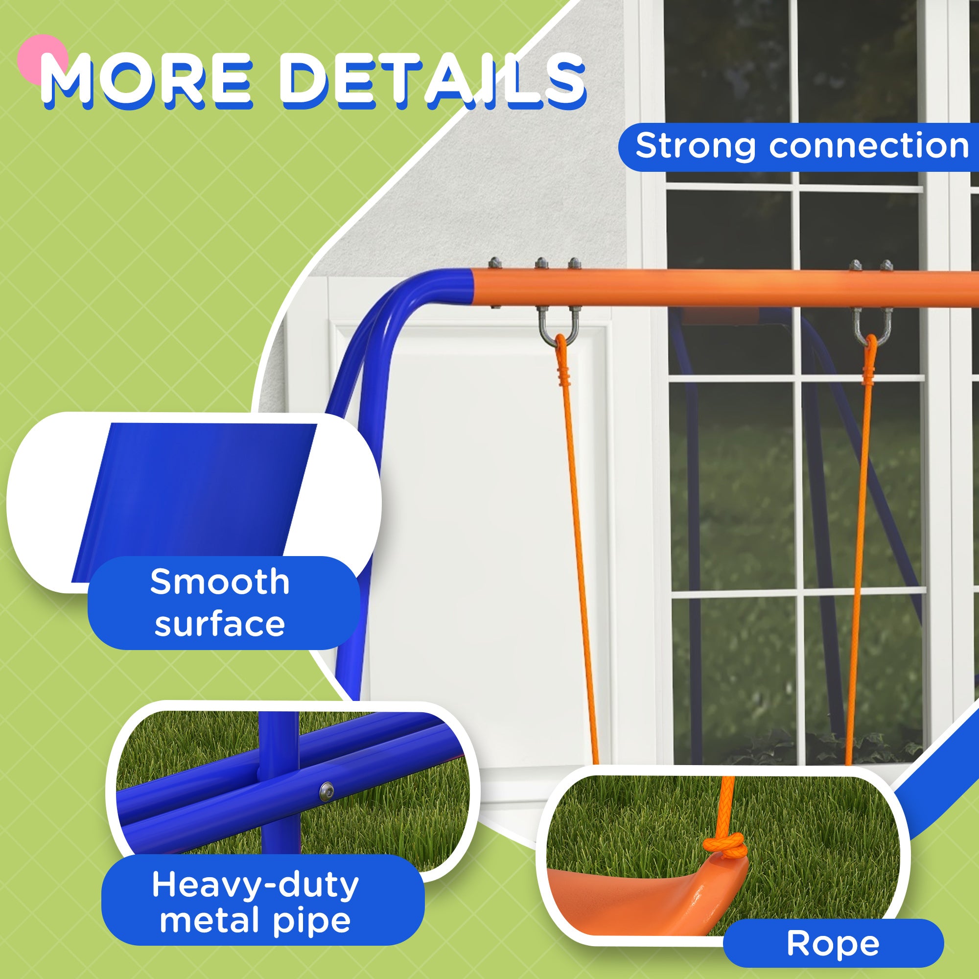 Outsunny Four-In-One Metal Garden Swing Set, with Double Swings, Glider, Slider, Ladder - Orange and Blue - North Peak Garden Furniture