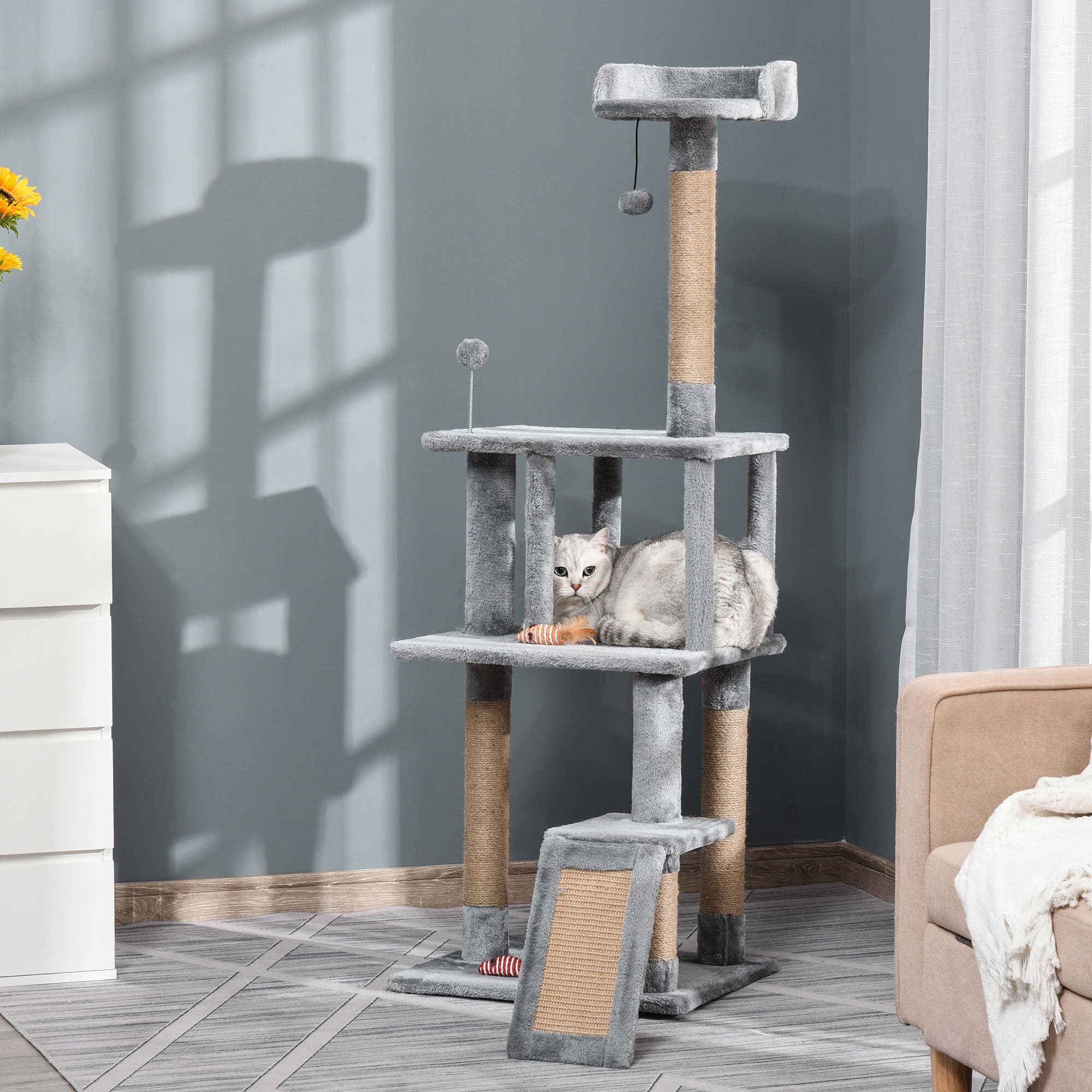 PawHut Cat Tree Tower for Indoor Cats 142cm Climbing Kitten Activity Center with Jute Scratching Post Board Perch Roomy Condo Removable Felt Hanging Toy, Grey - North Peak Garden Furniture