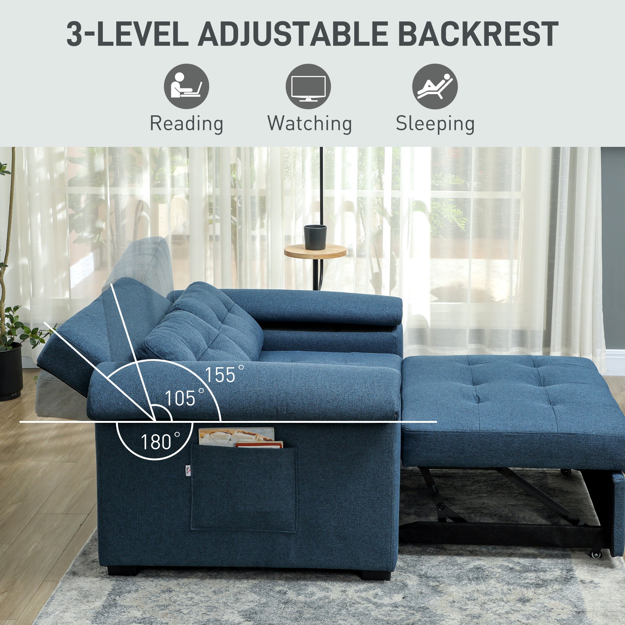 HOMCOM Pull Out Sofa Bed with 2 Pocket Springs, Fabric 2 Seater Click Clack Sofa Bed Settee, Convertible Sofa Couch with Pillows and Side Pockets for Living Room, Home Office, Blue - North Peak Garden Furniture