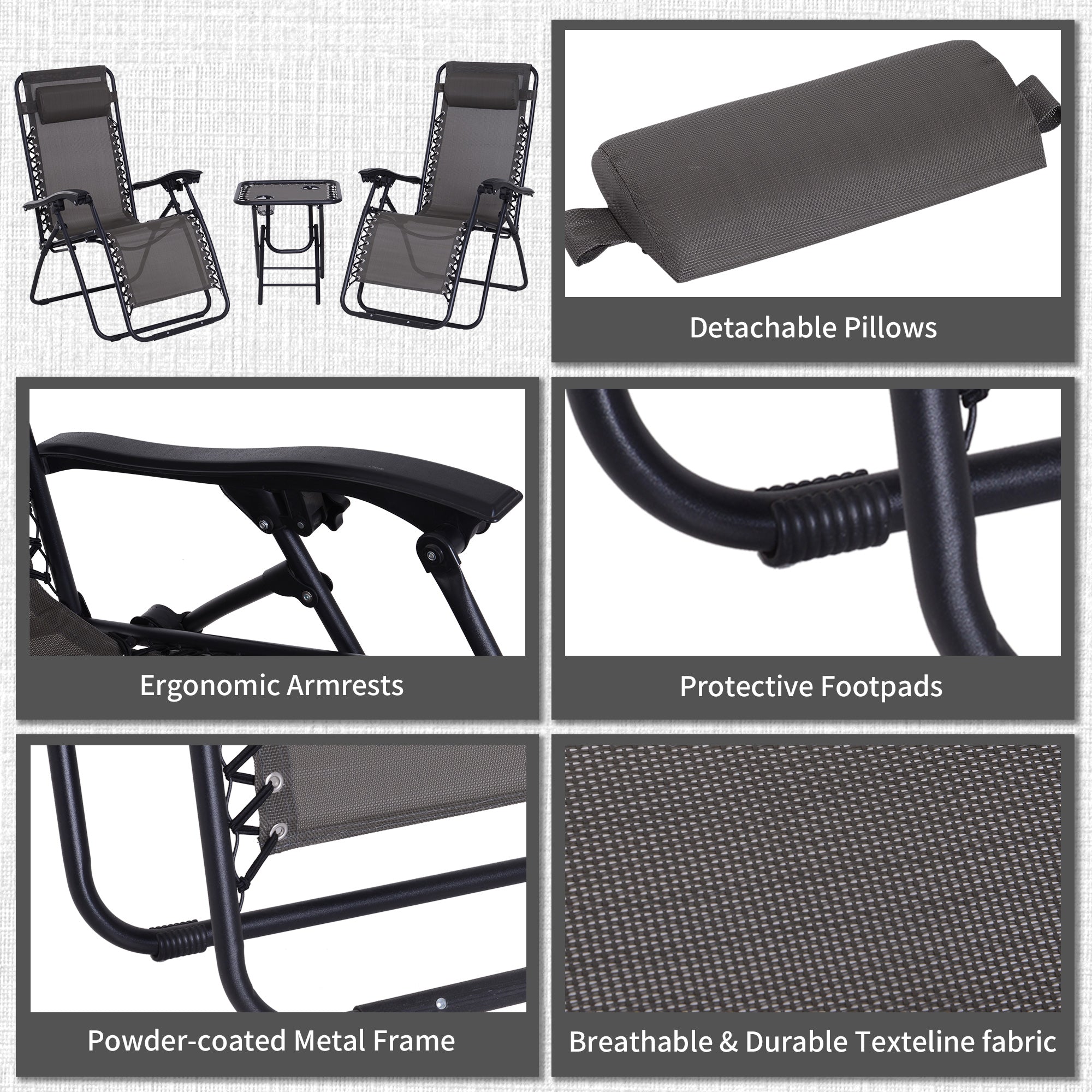 Outsunny 3pcs Folding Zero Gravity Chairs Sun Lounger Table Set w/ Cup Holders Reclining Garden Yard Pool, Dark Grey - North Peak Garden Furniture