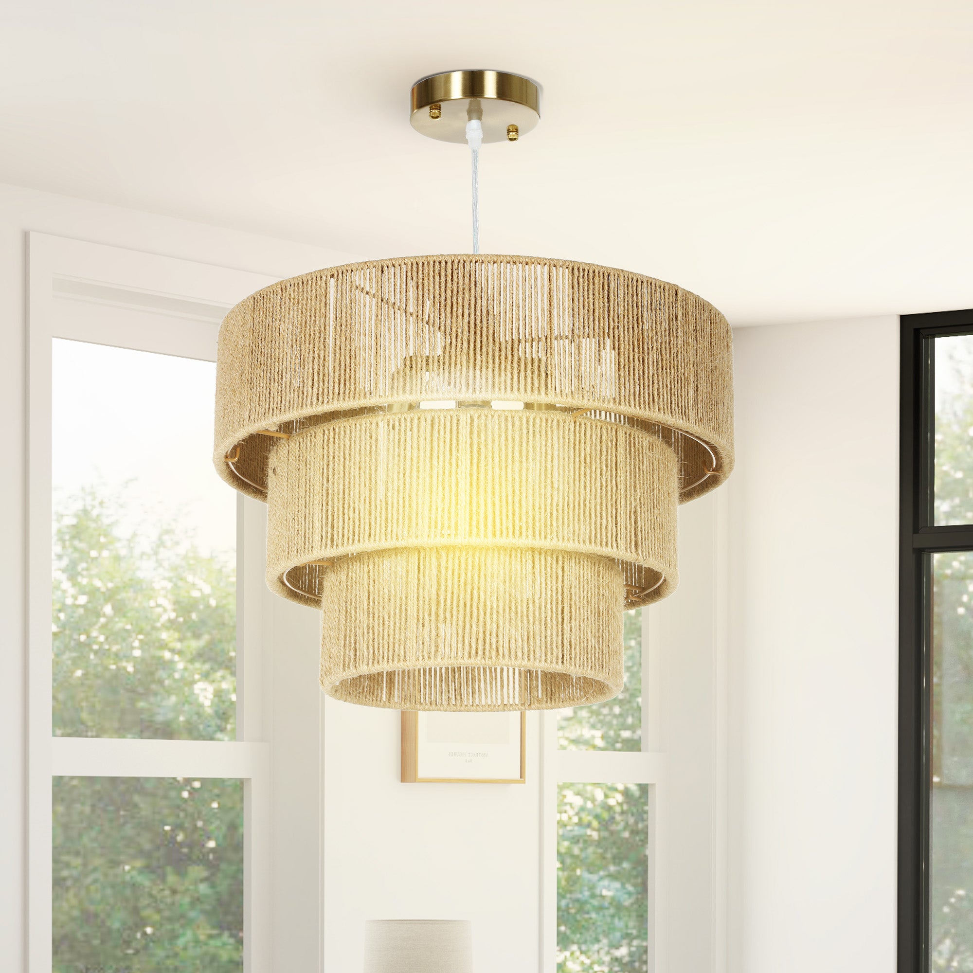 HOMCOM Hemp Rope Ceiling Light, 3-Layer Boho Pendant Light, E14 Vintage Ceiling Lamp Fixtures for Living Room, Bedroom, Kitchen, Hallway, Light Brown - North Peak Garden Furniture