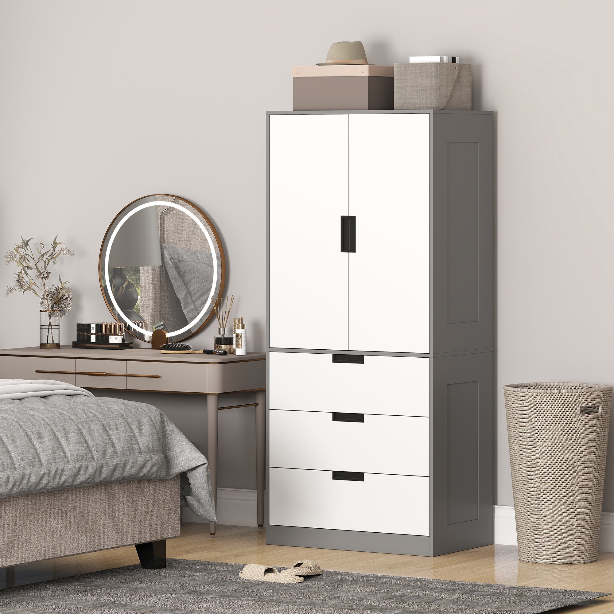HOMCOM 2 Door Wardrobe, Modern Wardrobe with 3 Drawers and Hanging Rod for Bedroom, Grey