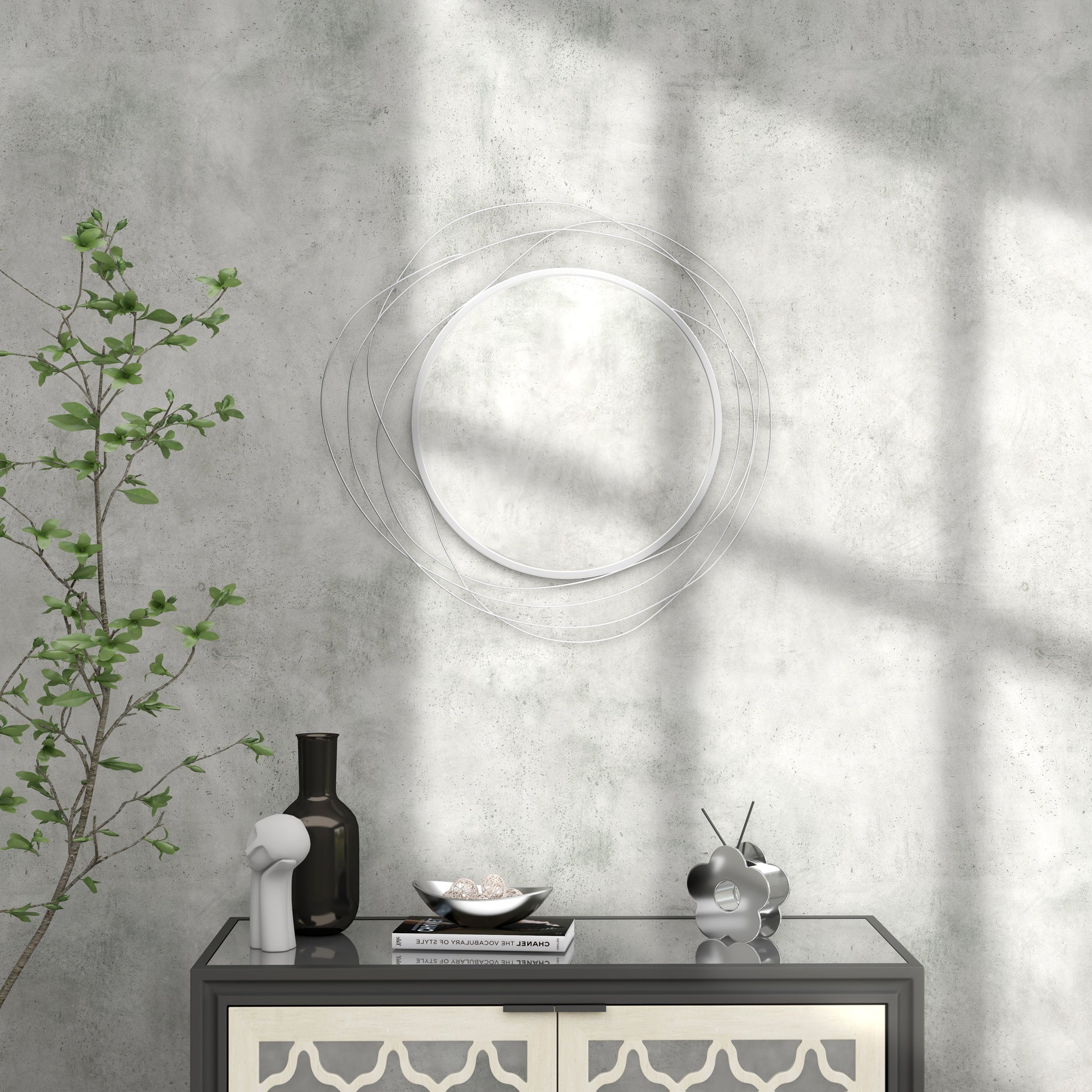 HOMCOM Abstract Metal Wire Wall Mirror, with Accessories - Silver - North Peak Garden Furniture