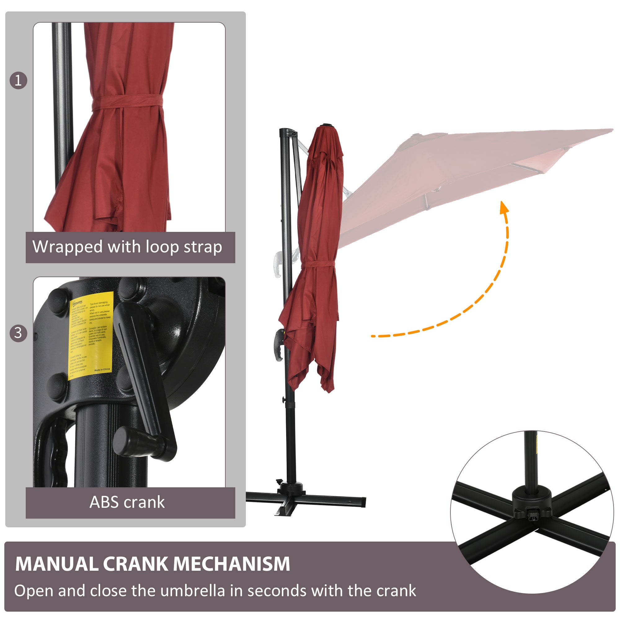 Outsunny 2.5 x 2.5m Patio Offset Parasol Umbrella Cantilever Hanging Aluminium Sun Shade Canopy Shelter 360° Rotation with Crank Handle and Cross Base, Wine Red - North Peak Garden Furniture