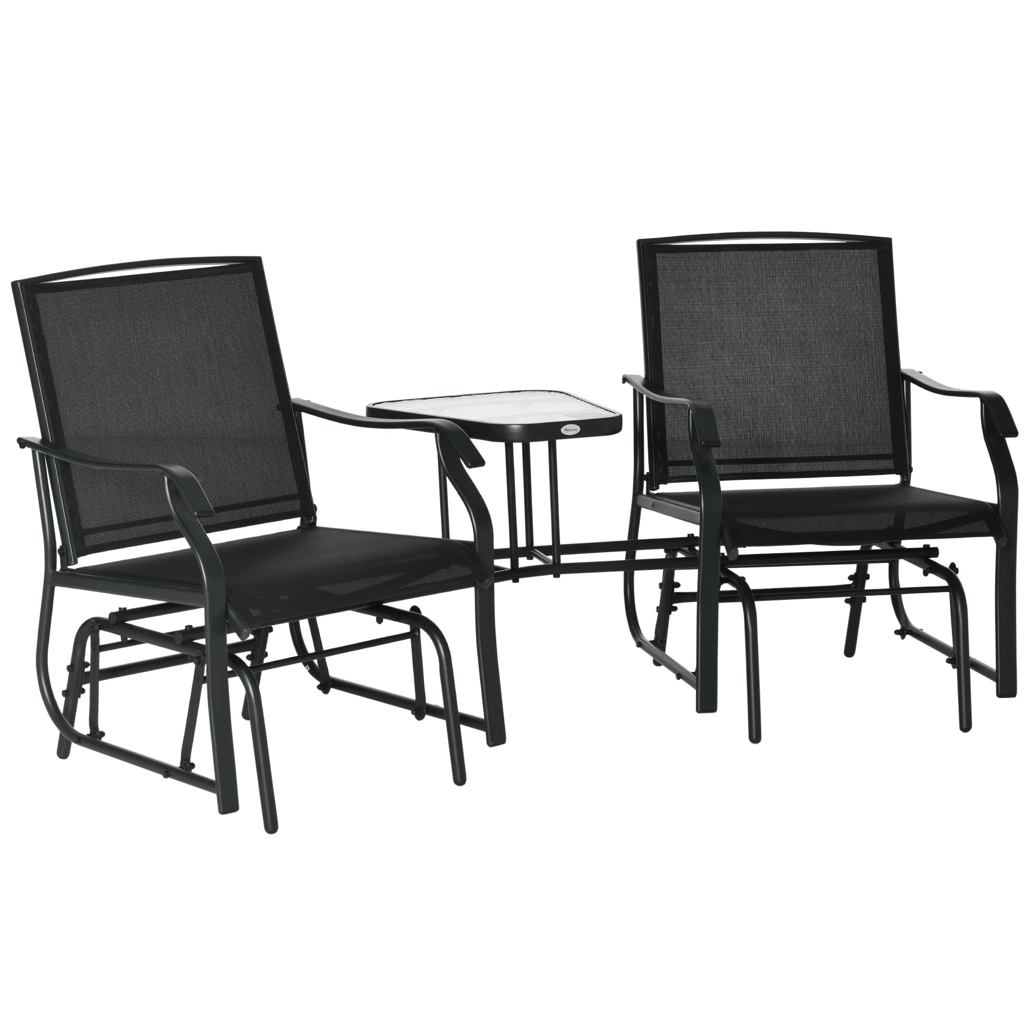 Outsunny Gliding Jack and Jill Seat, with Glass-Top Table - Black - North Peak Garden Furniture