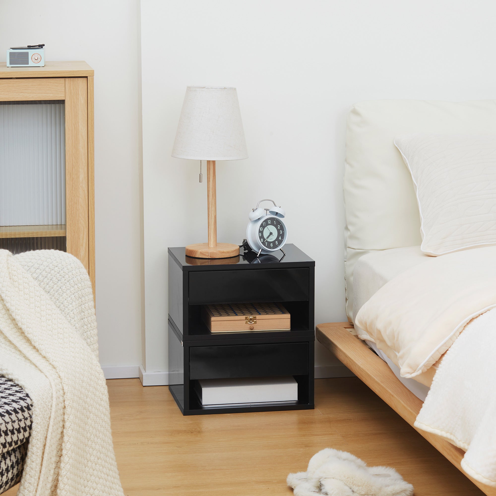 HOMCOM 2 Pieces Bedside Table Wall Mounted Nightstand with Drawer and Shelf for Bedroom, 37 x 32 x 21cm, High Gloss Black - North Peak Garden Furniture